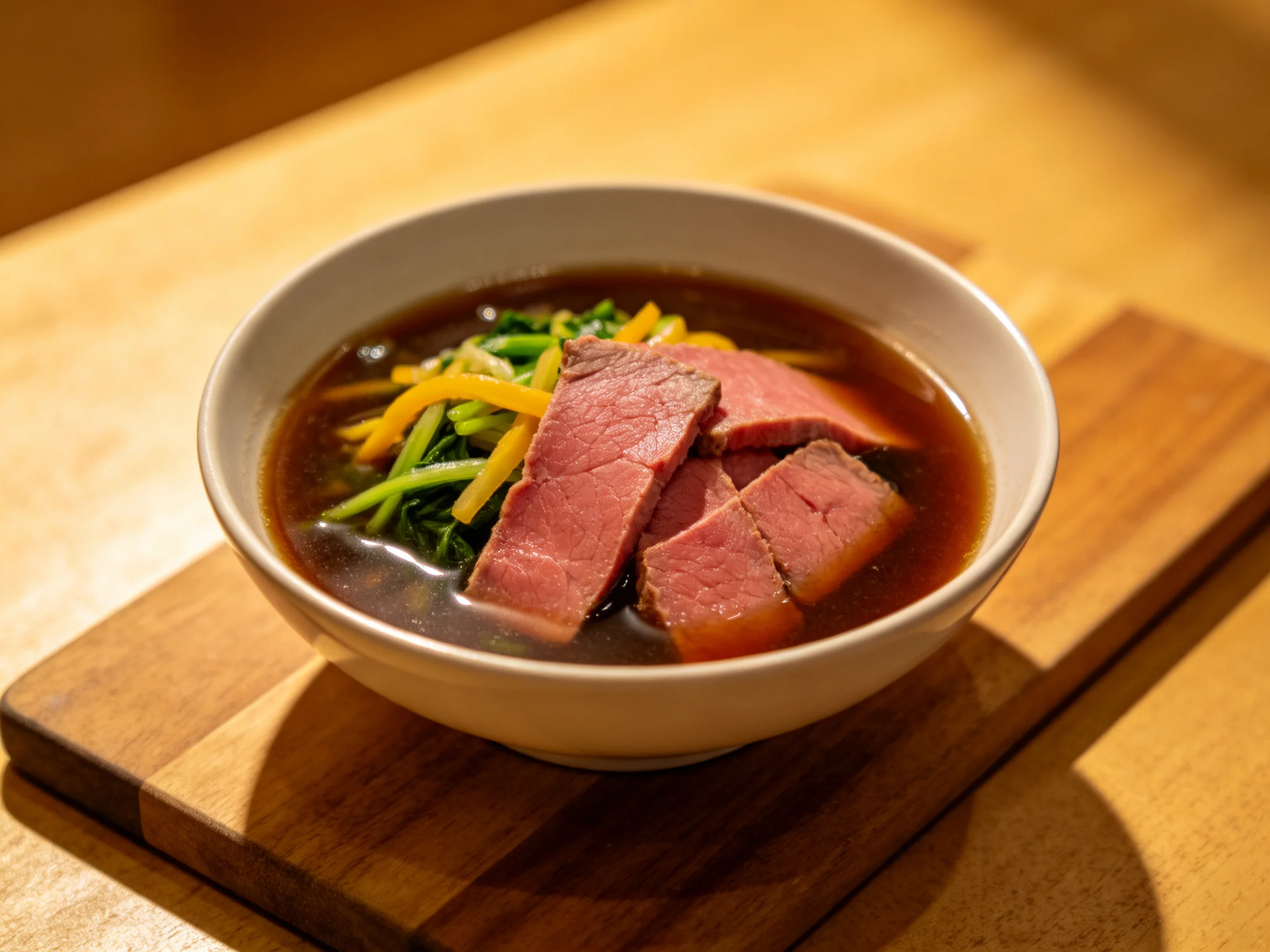A bowl of dark broth soup with sliced beef and green vegetables