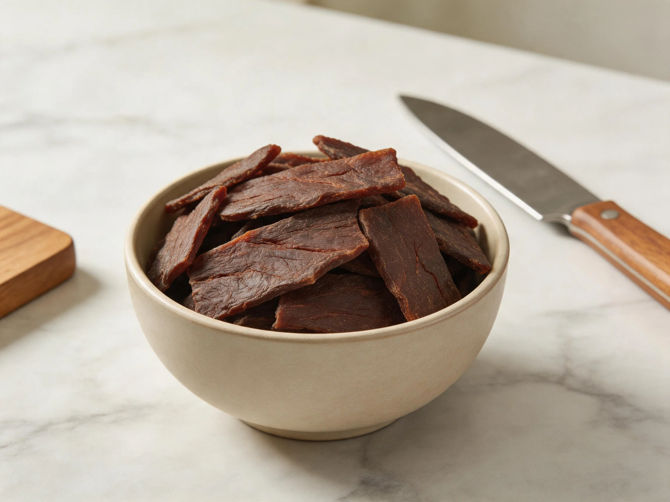 A bowl of dark brown beef jerky on a white marble countertop