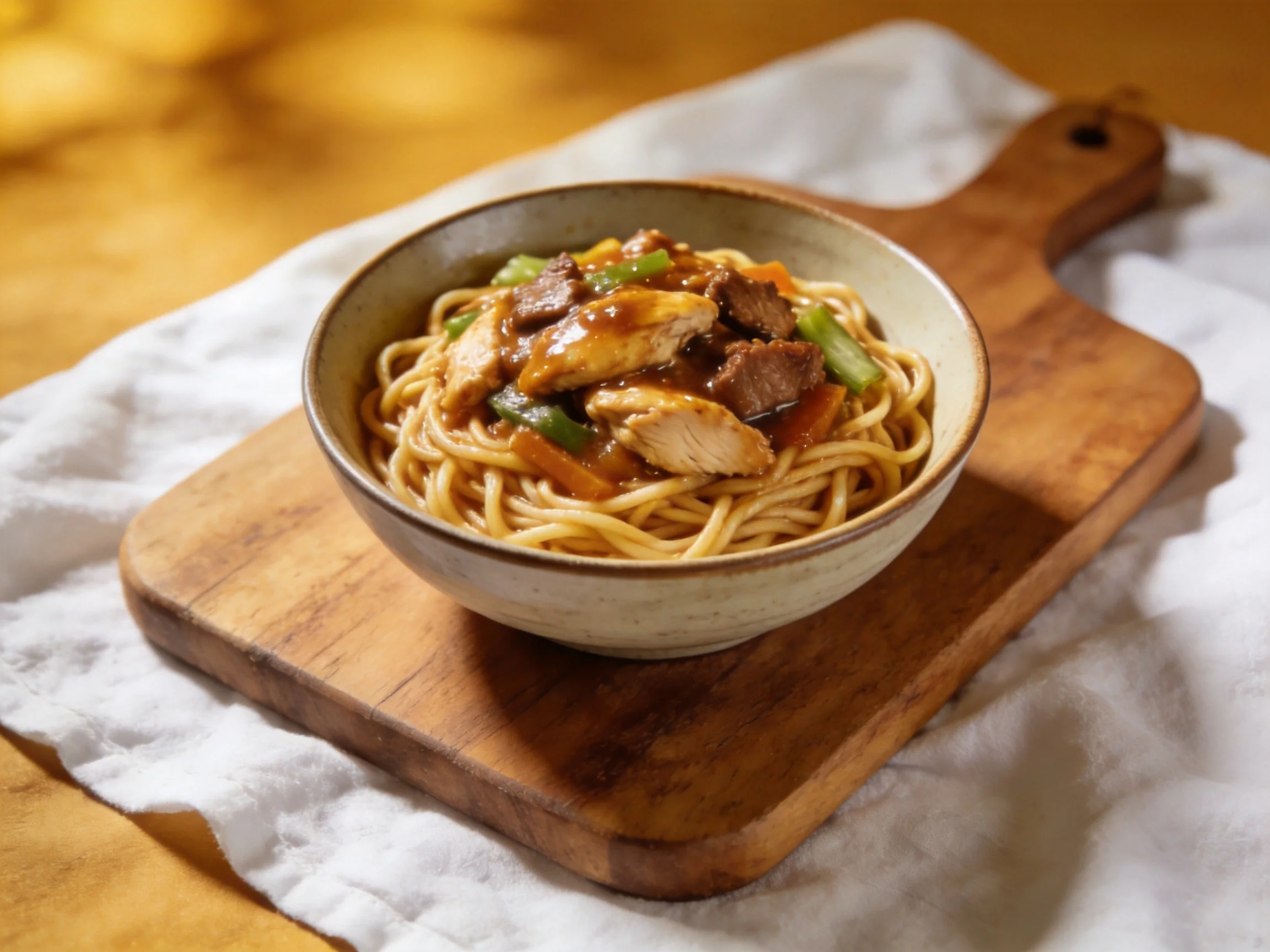 A bowl of flavorful noodle soup with chicken and beef