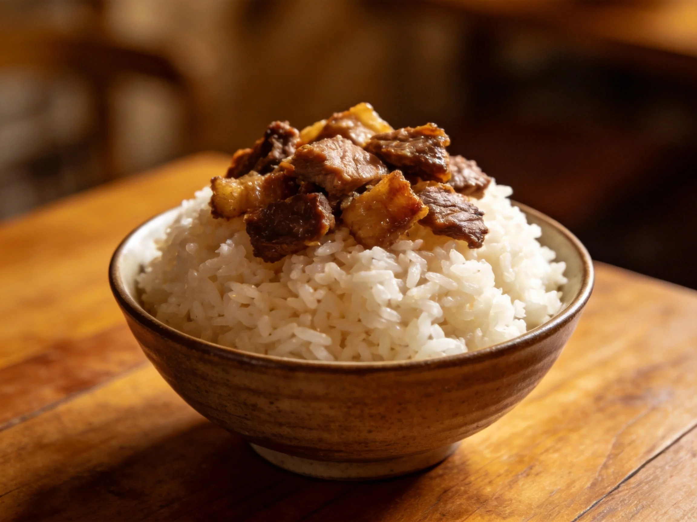A bowl of fluffy white rice topped with savory brown meat
