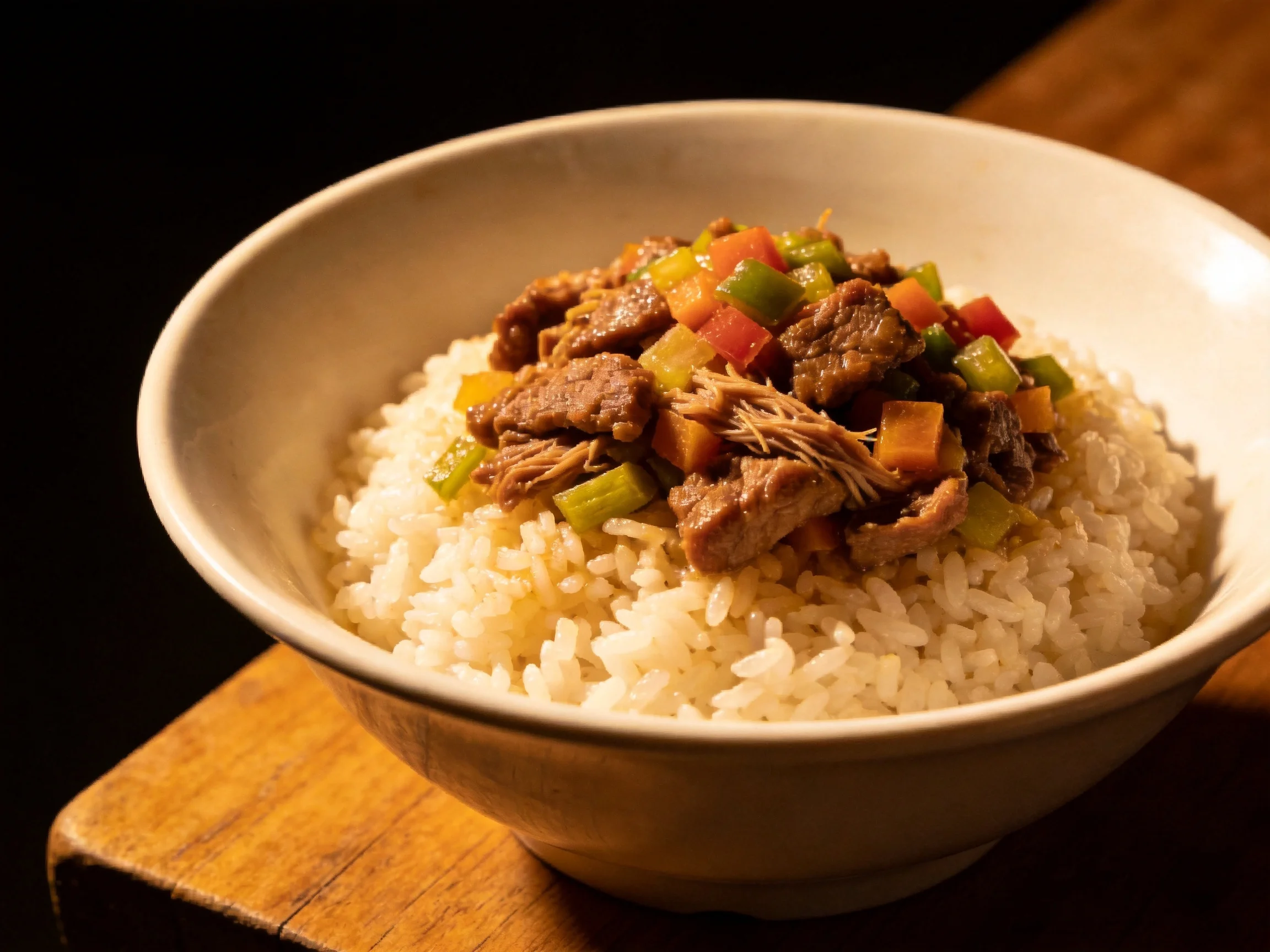 A bowl of fluffy white rice topped with seasoned beef and colorful vegetables
