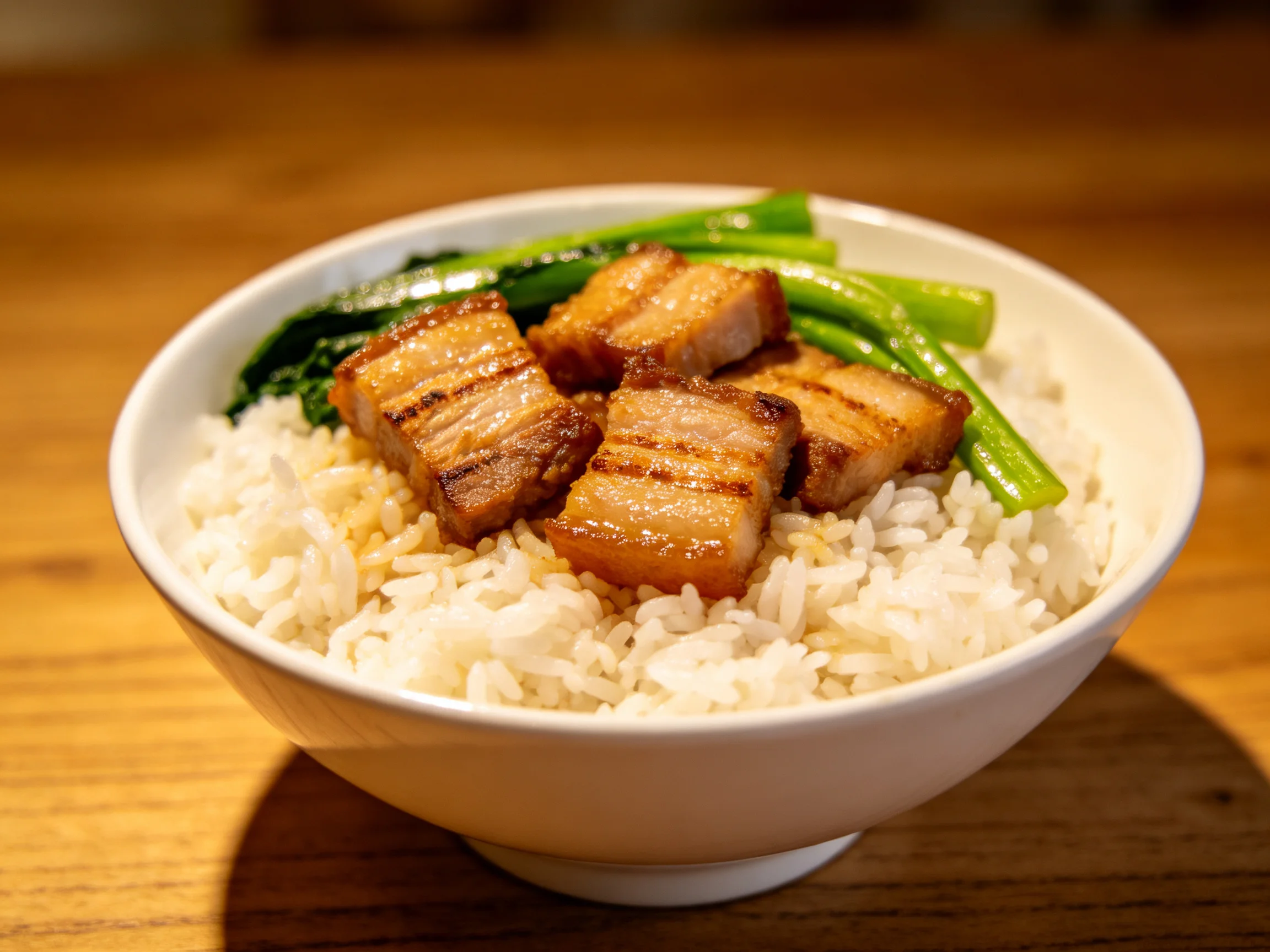 A bowl of fluffy white rice with grilled pork and leafy greens