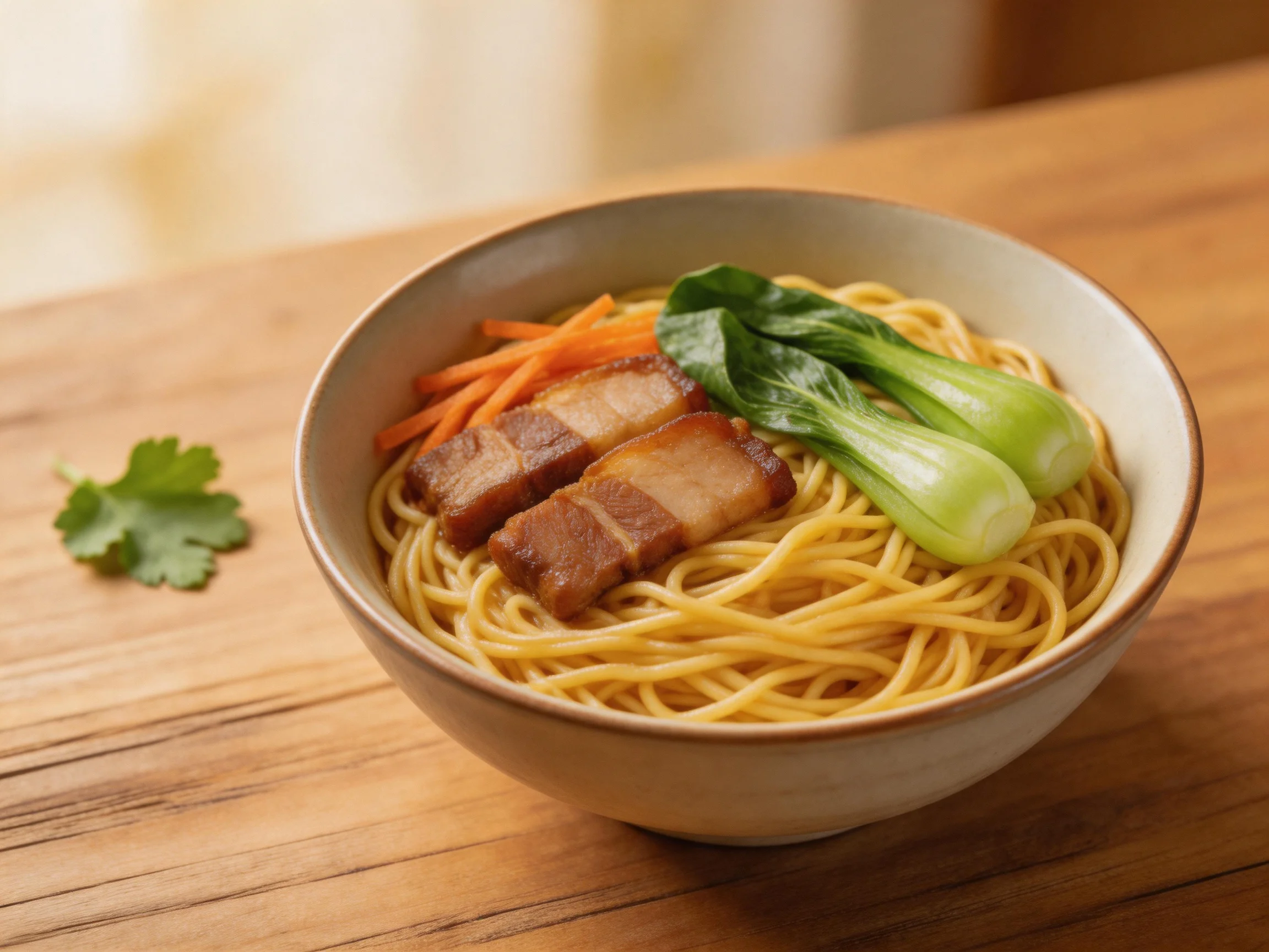 A bowl of golden noodles with roasted pork, carrots, and bok choy