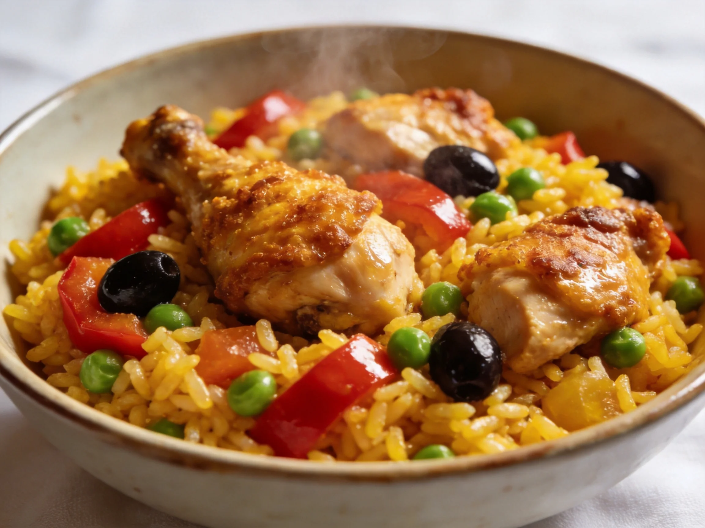 A bowl of golden rice with roasted chicken, green peas, and black olives
