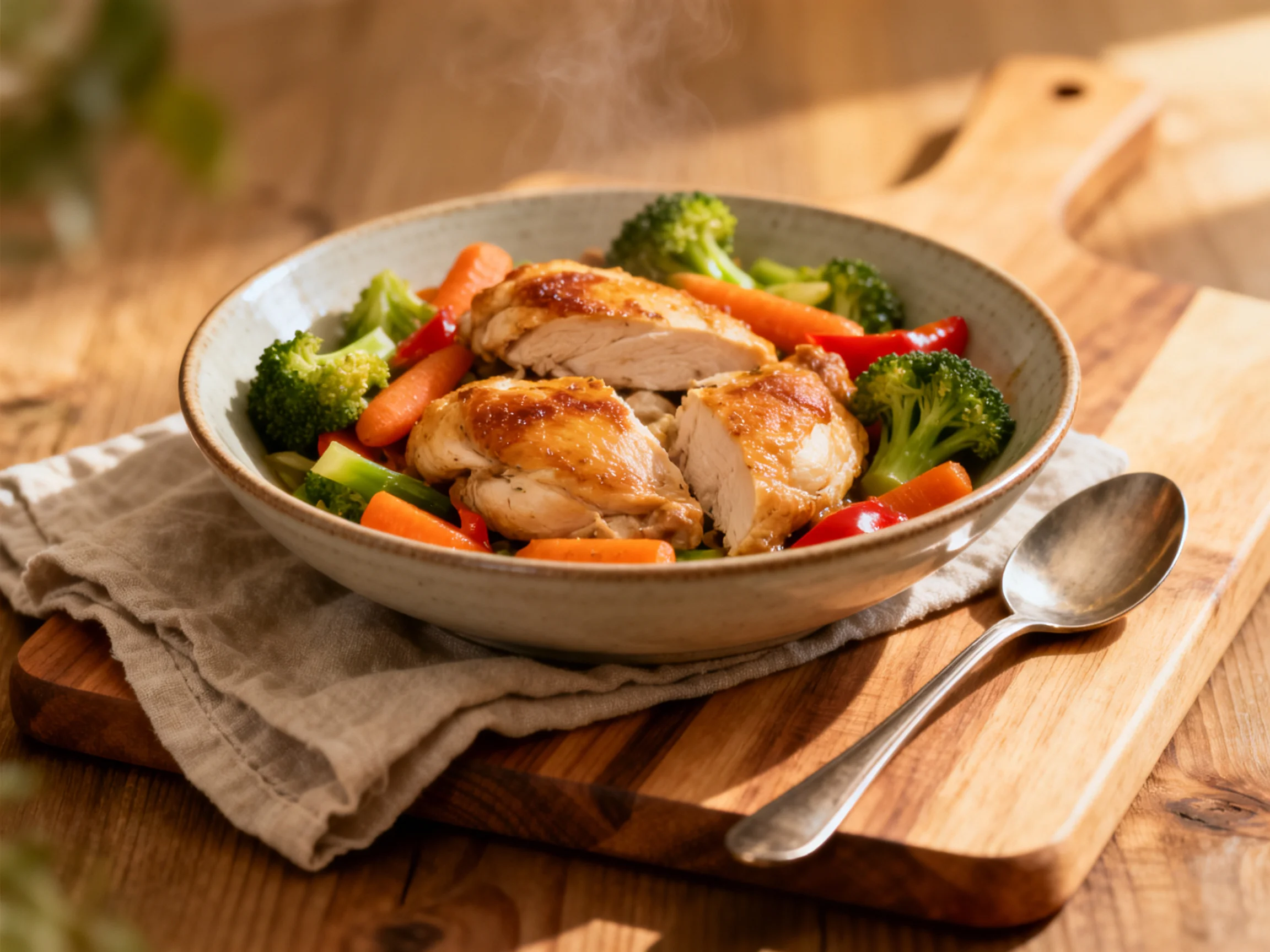 A bowl of golden roasted chicken with vibrant vegetables