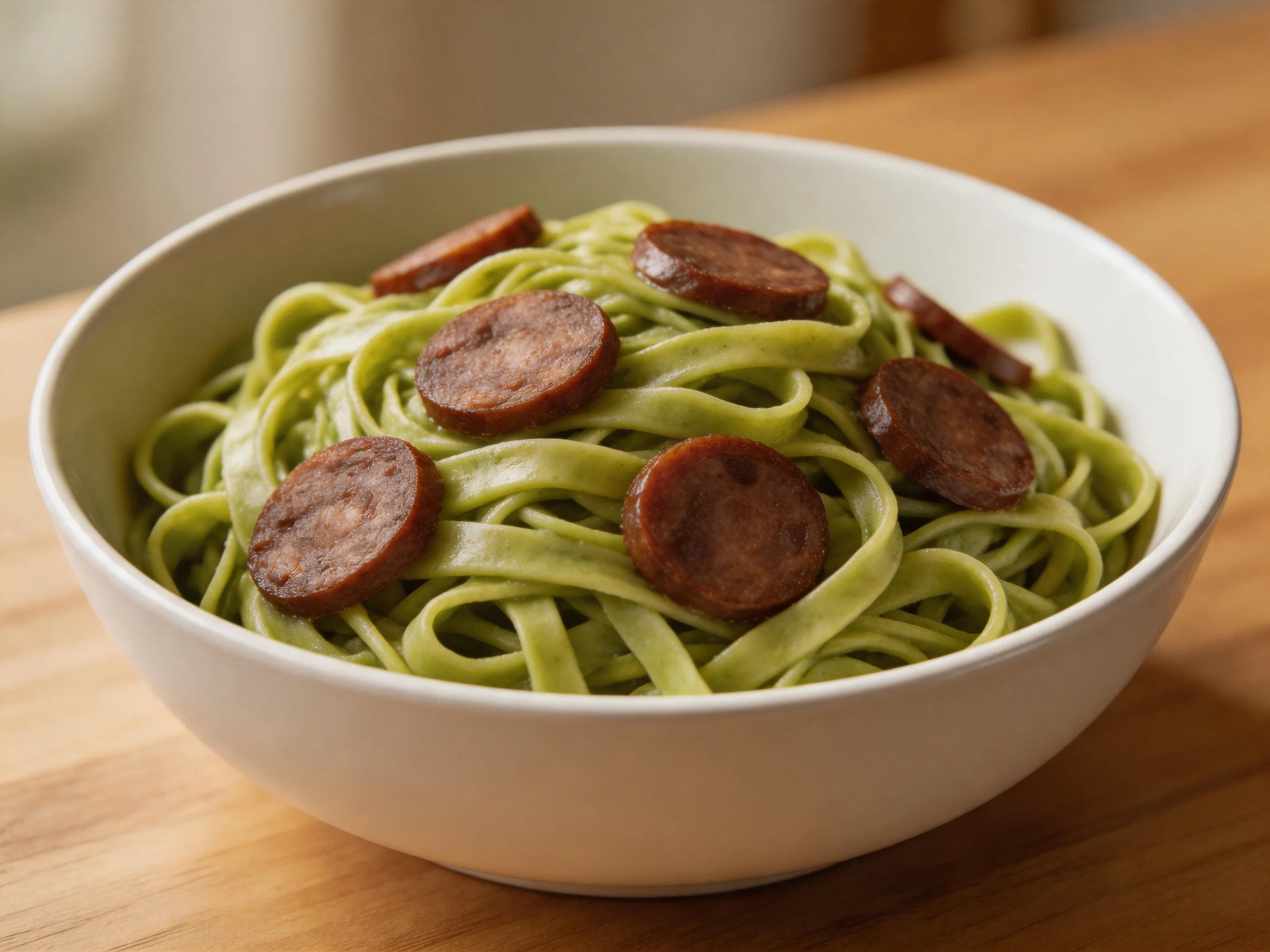A bowl of green fettuccine topped with sliced brown sausage