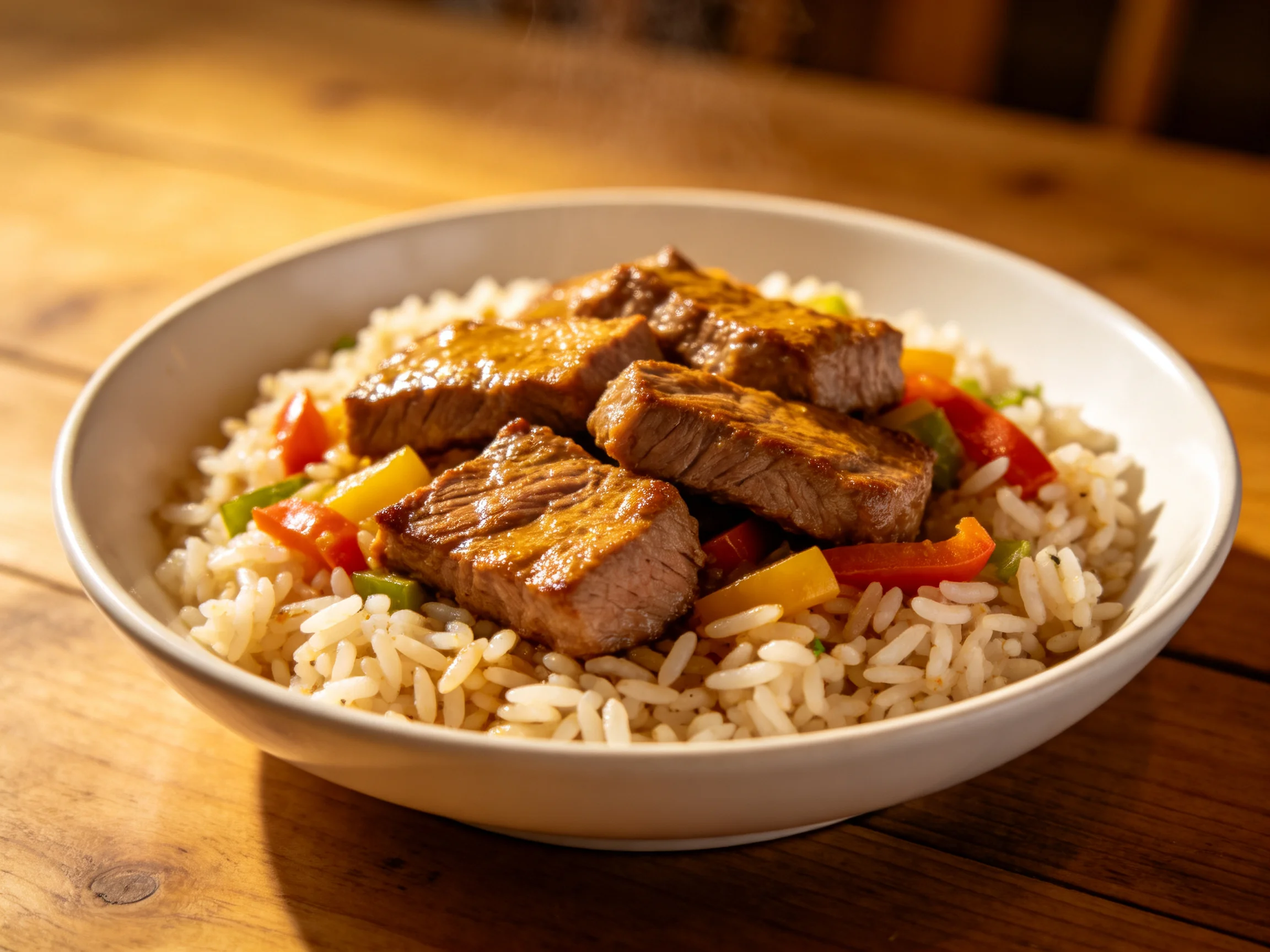 A bowl of grilled beef, colorful peppers, and white rice