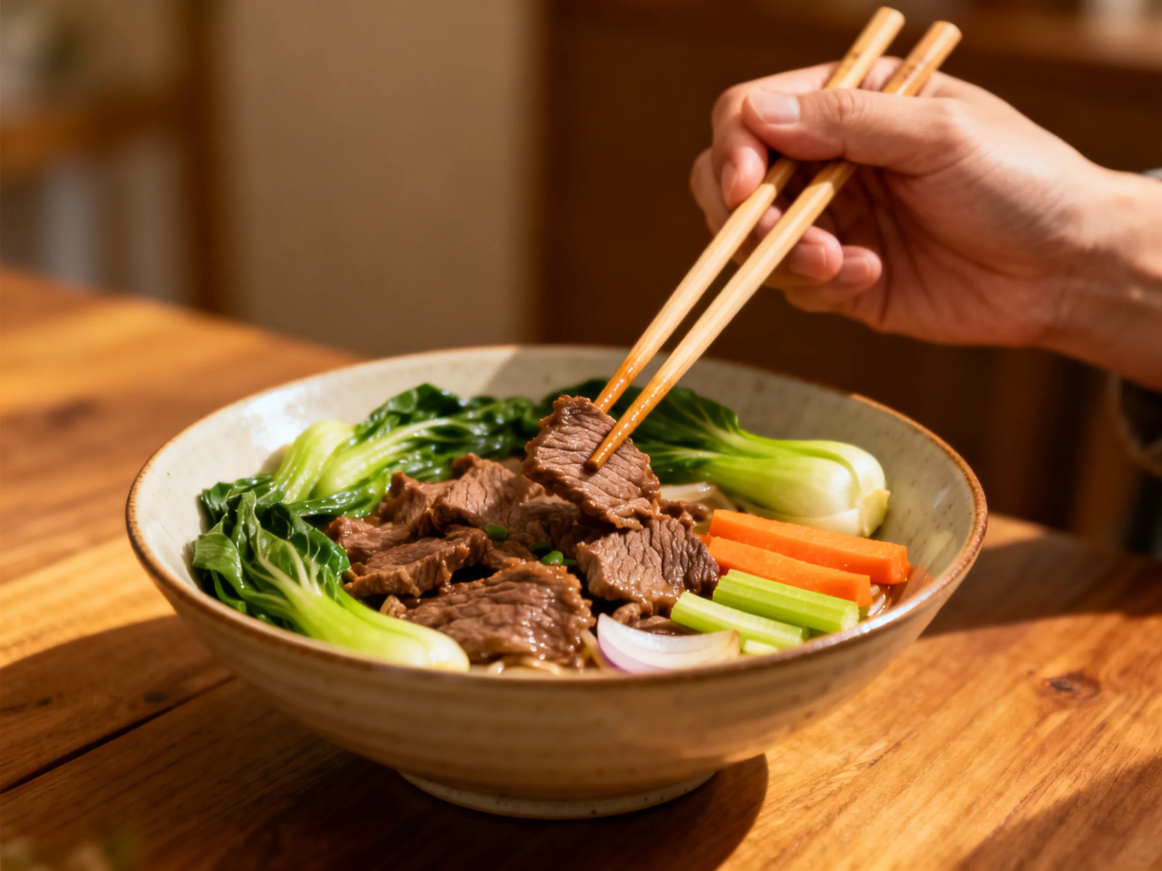 A bowl of grilled beef noodle soup with bok choy and veggies