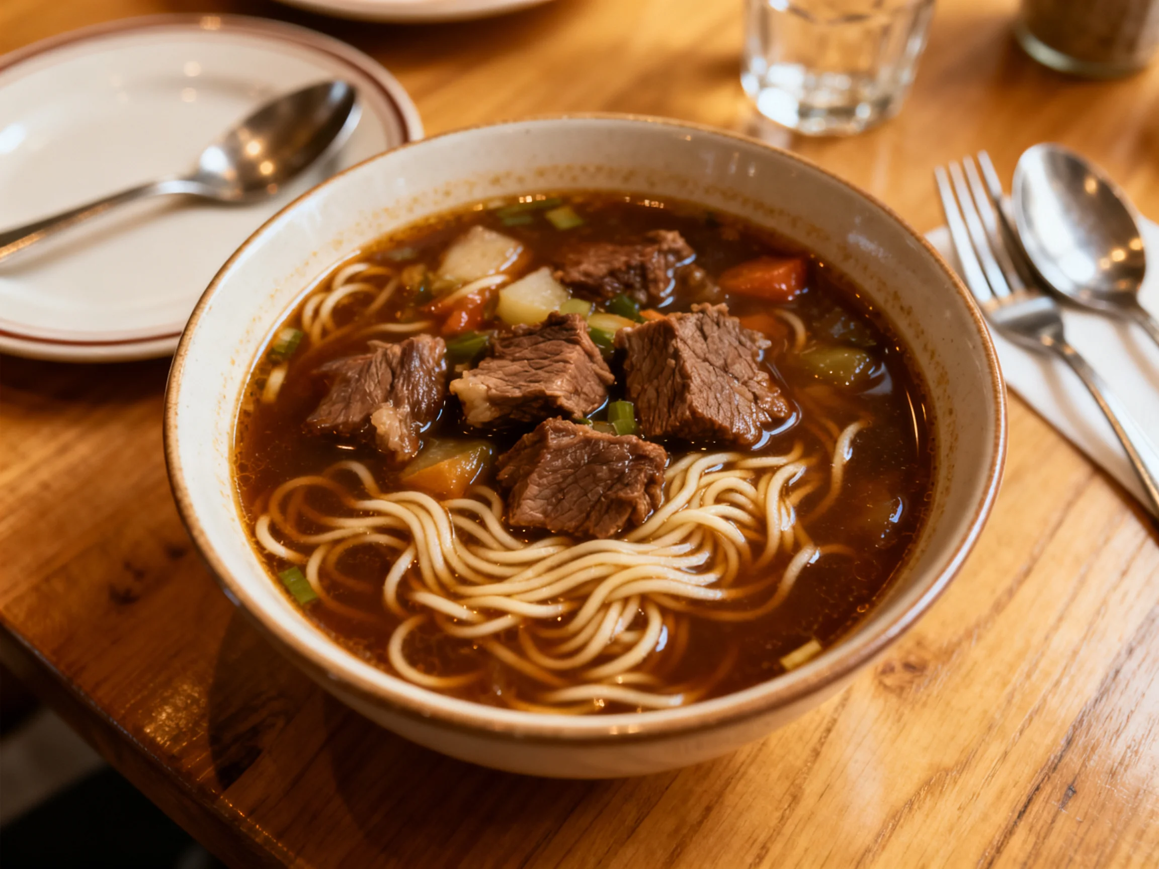 A bowl of hearty beef noodle soup featuring tender beef and vegetables