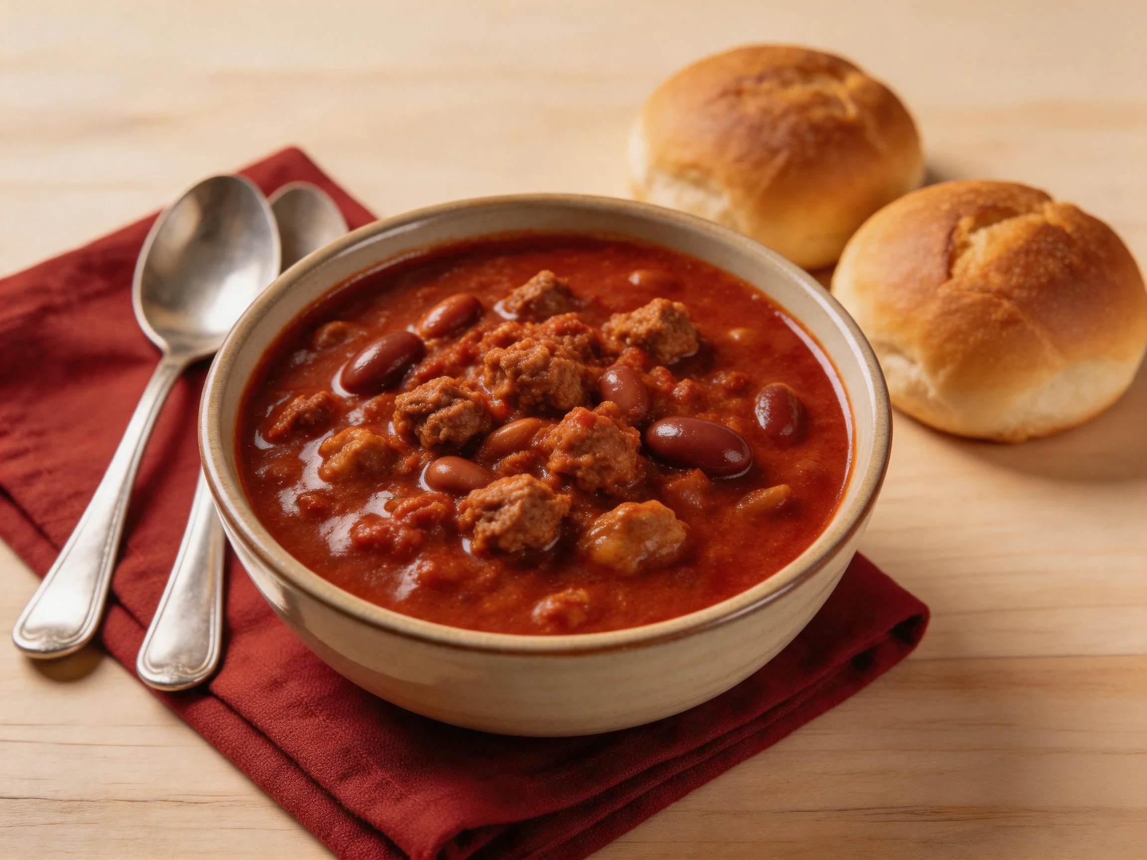 A bowl of hearty chili with two dinner rolls and silverware
