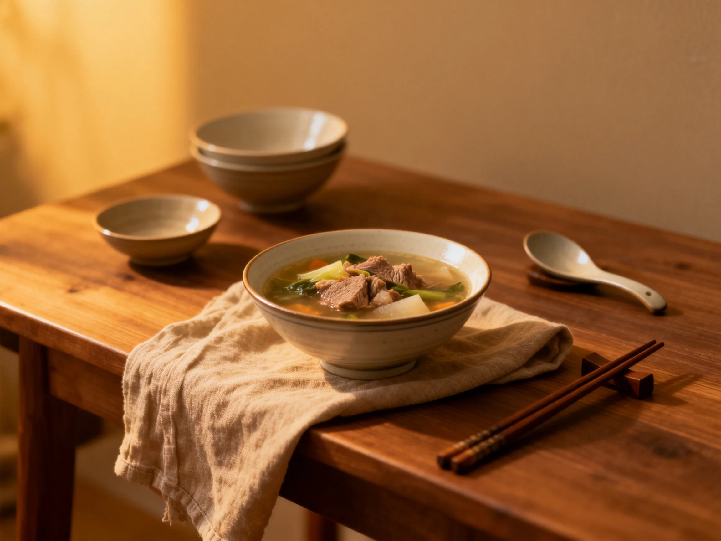 A bowl of hearty soup rests on a wooden table with stacked ceramic dishes