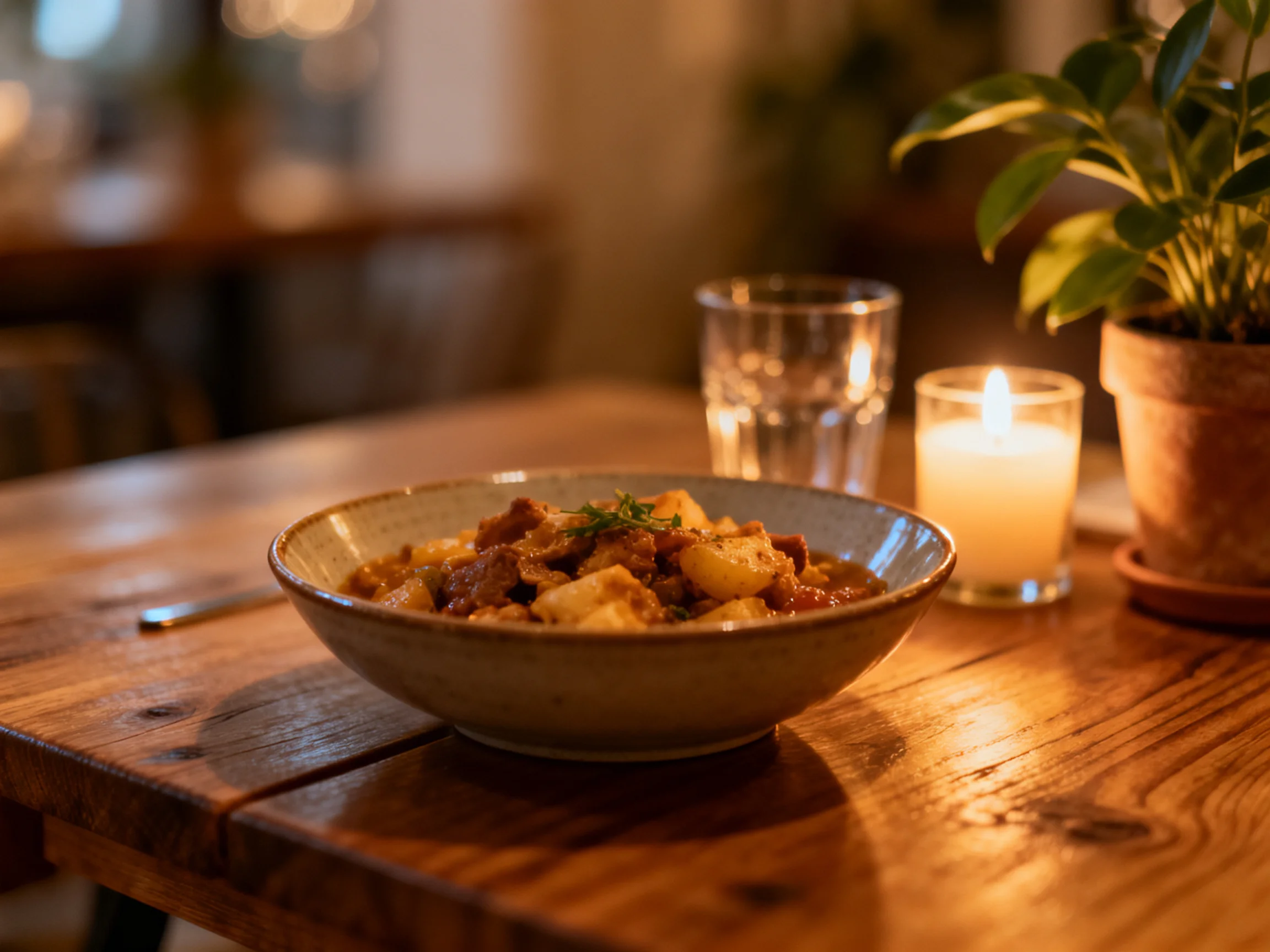 A bowl of hearty stew sits on a rustic wooden table beside a lit candle