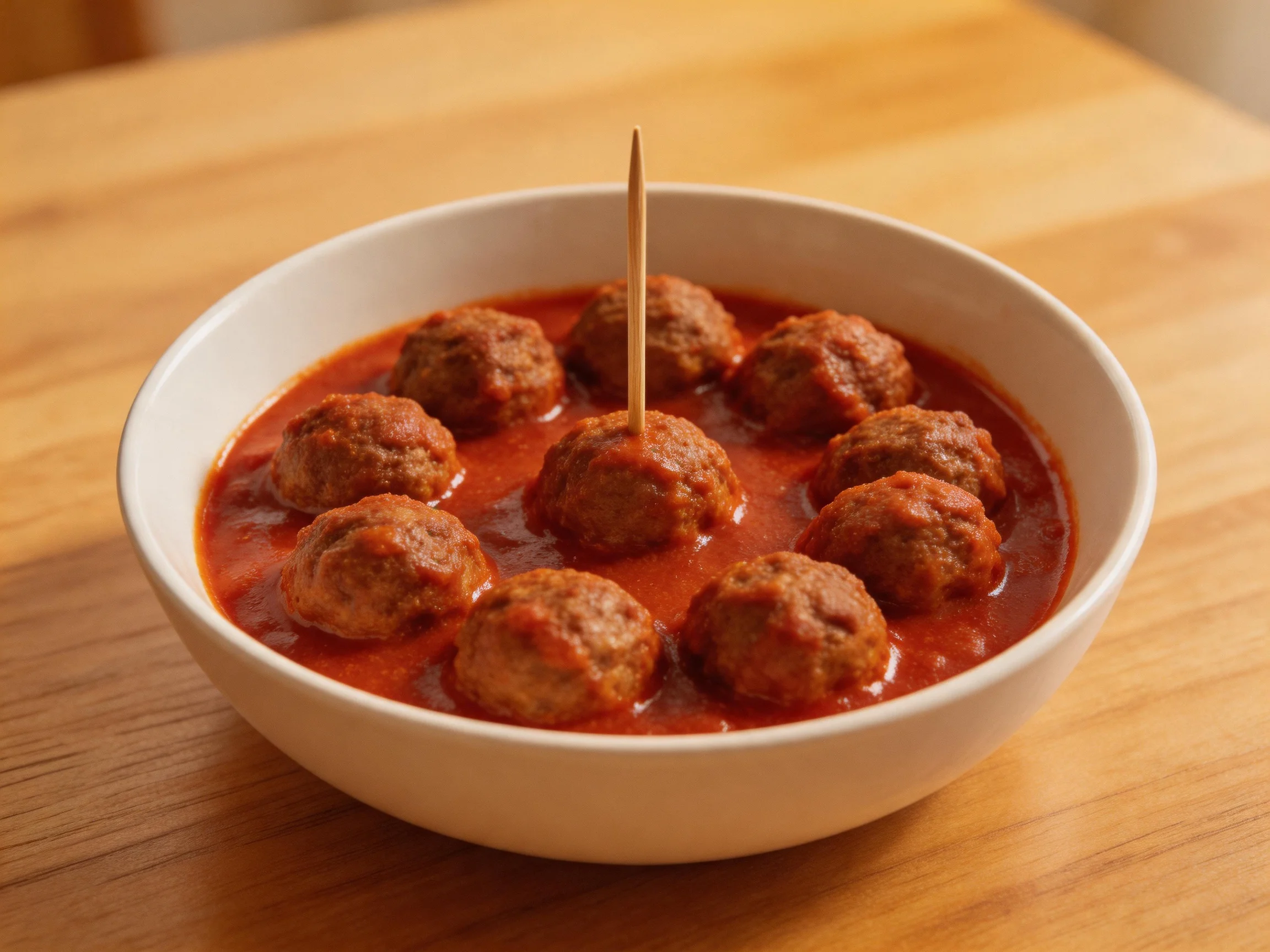 A bowl of meatballs in rich red sauce with toothpick