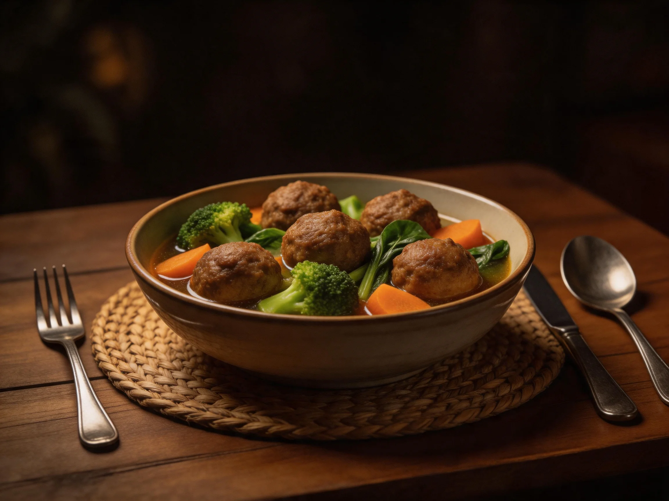 A bowl of meatballs with broccoli and carrots on a wooden table