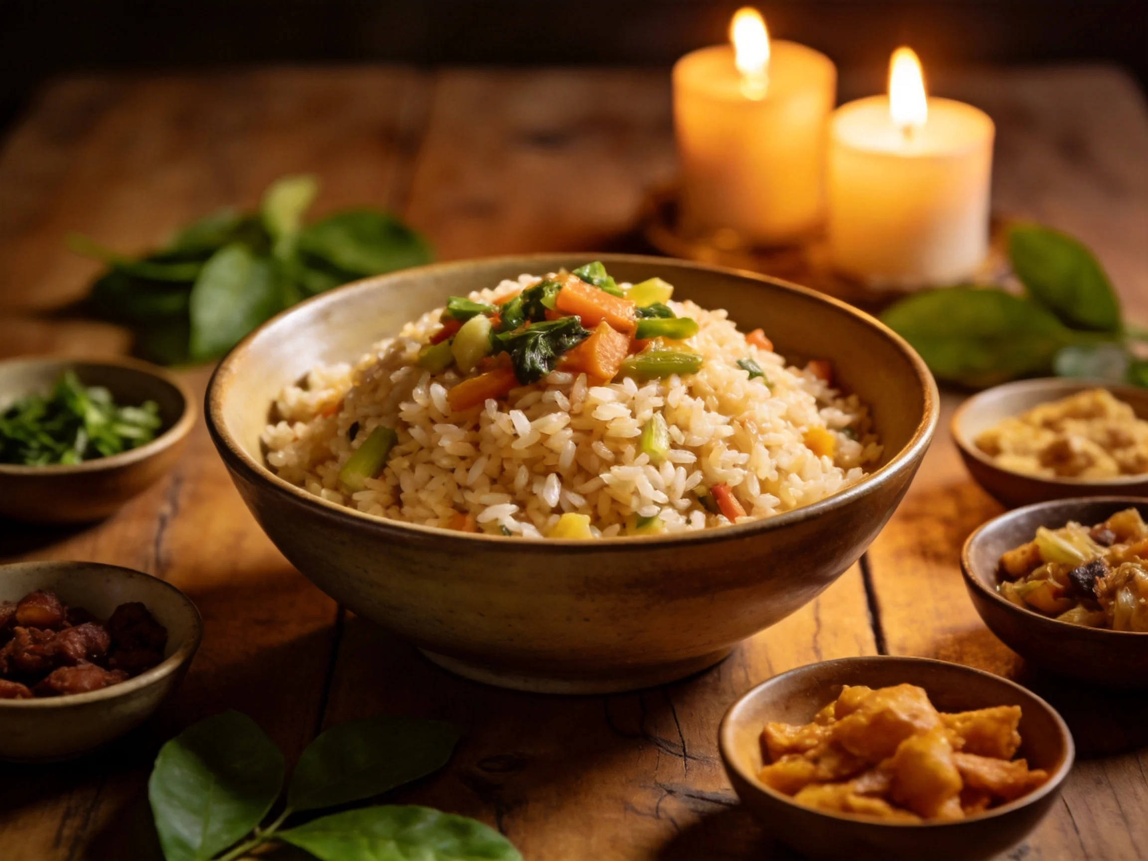 A bowl of mixed vegetable fried rice on a rustic wooden table with candles and side dishes