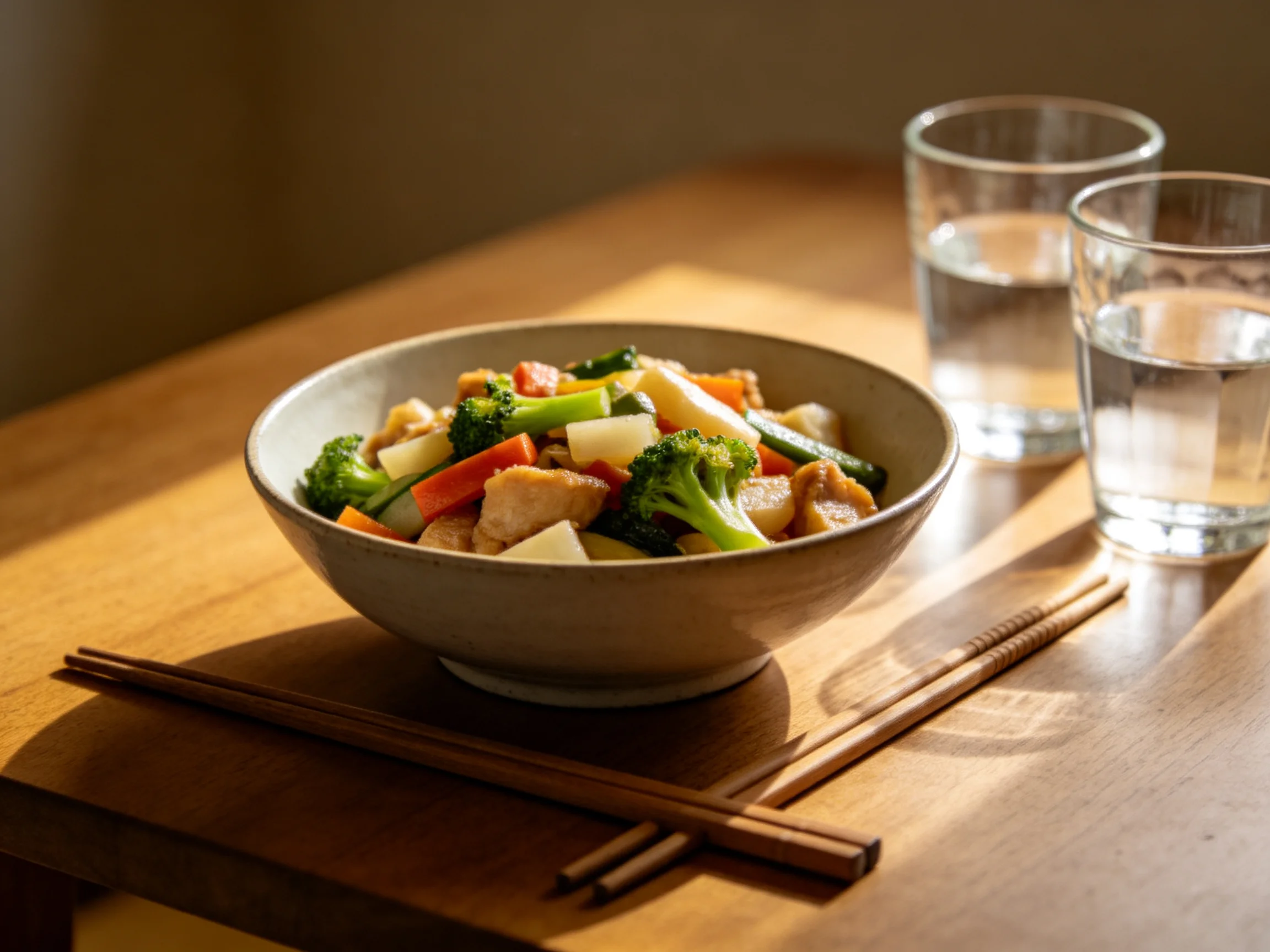 A bowl of mixed vegetable stir - fry with chopsticks and water glasses