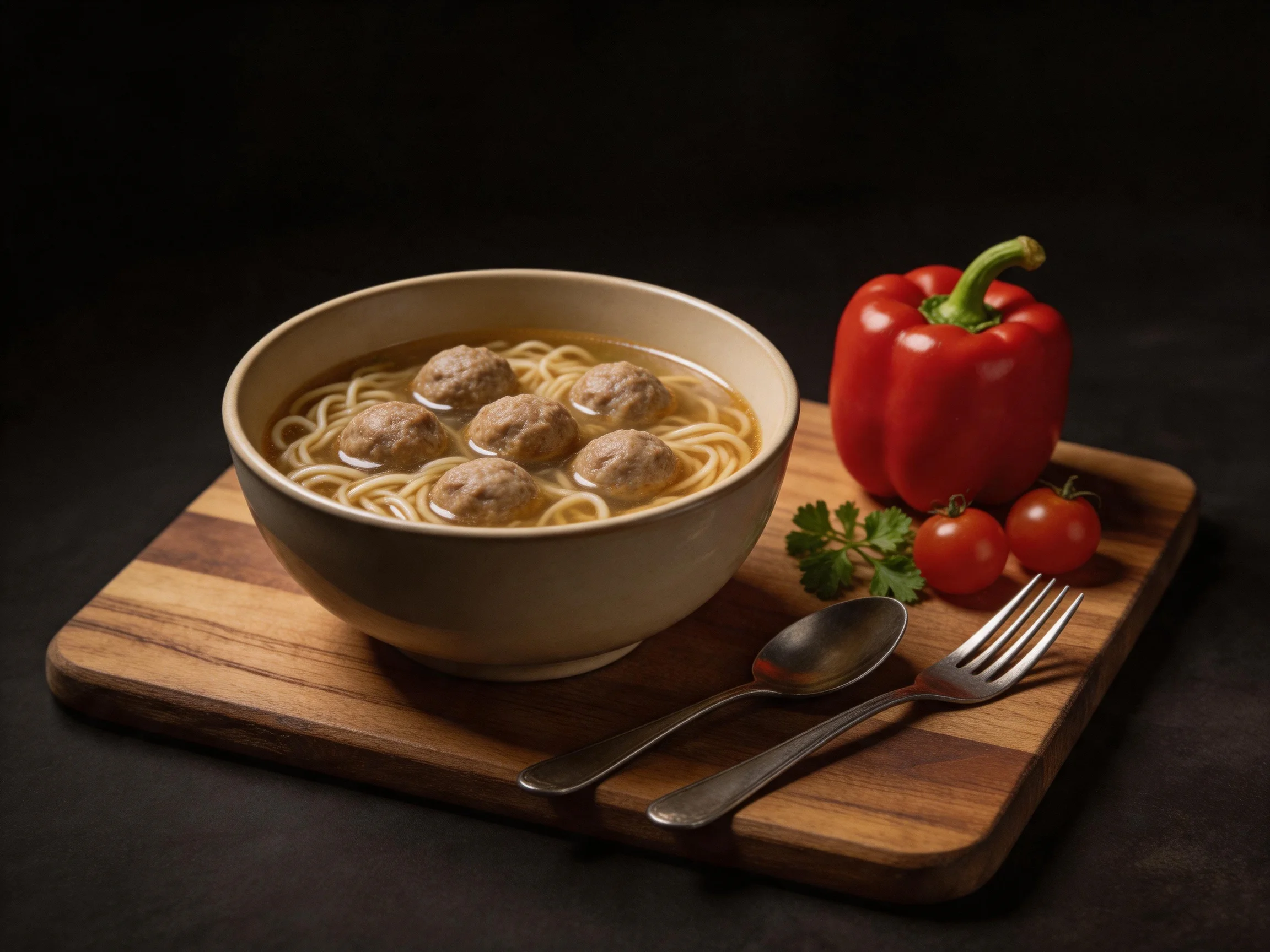 A bowl of noodle soup with meatballs beside red peppers and cherry tomatoes