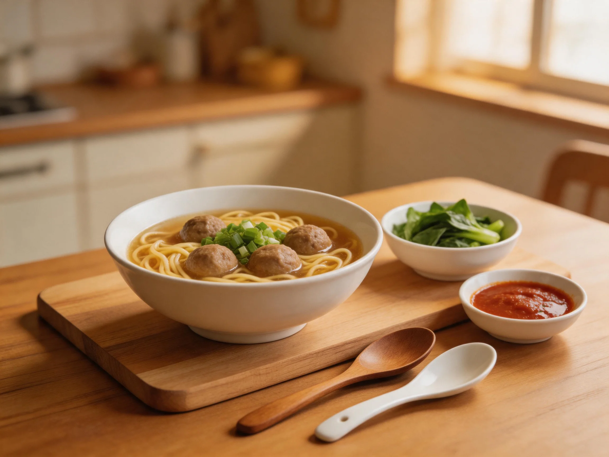 A bowl of noodle soup with meatballs, greens, and sauce on a wooden table