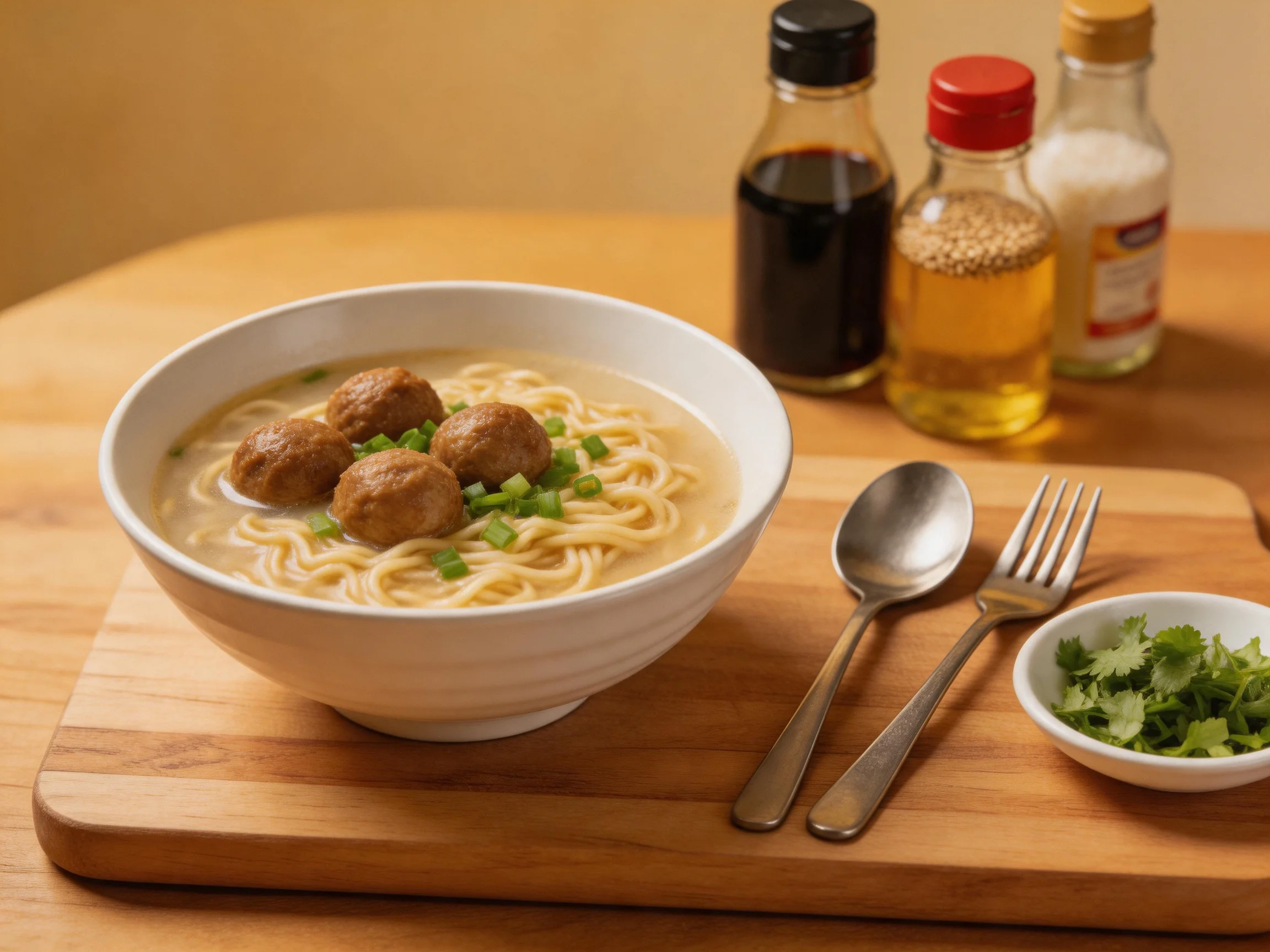 A bowl of noodle soup with meatballs on a wooden serving board