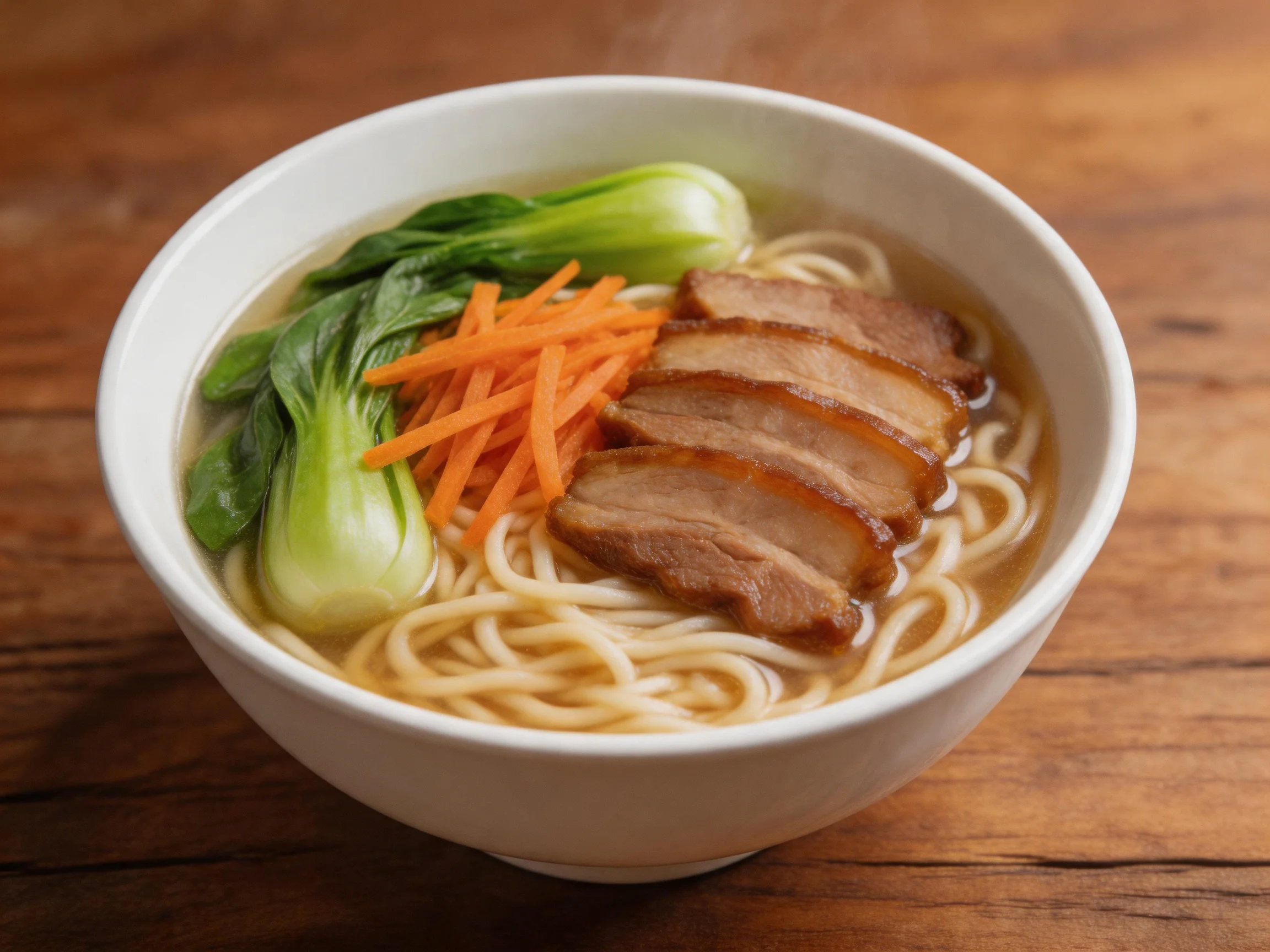 A bowl of noodle soup with roasted pork, bok choy, and carrot strips