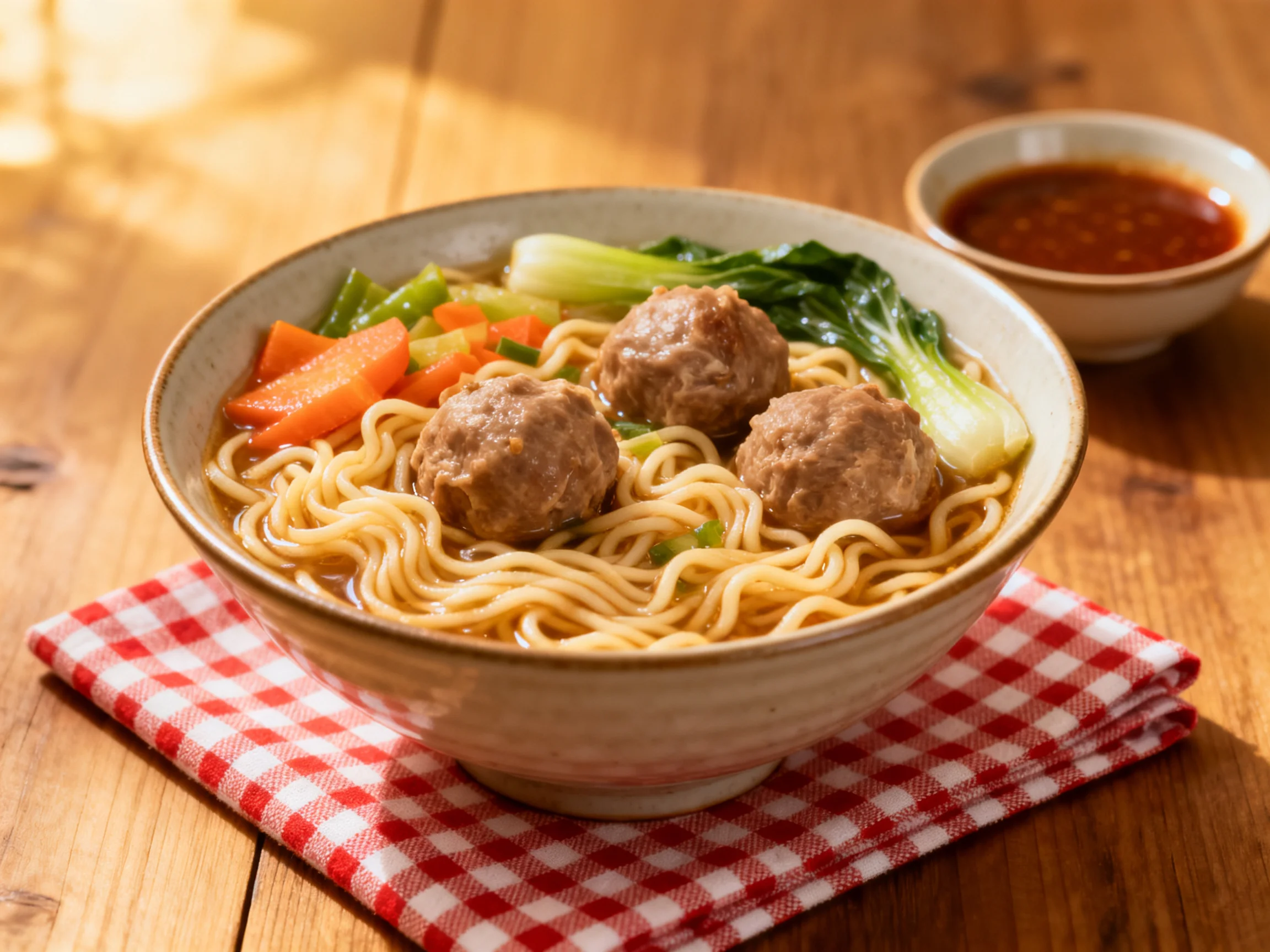 A bowl of noodle soup with three meatballs, carrots, and leafy greens