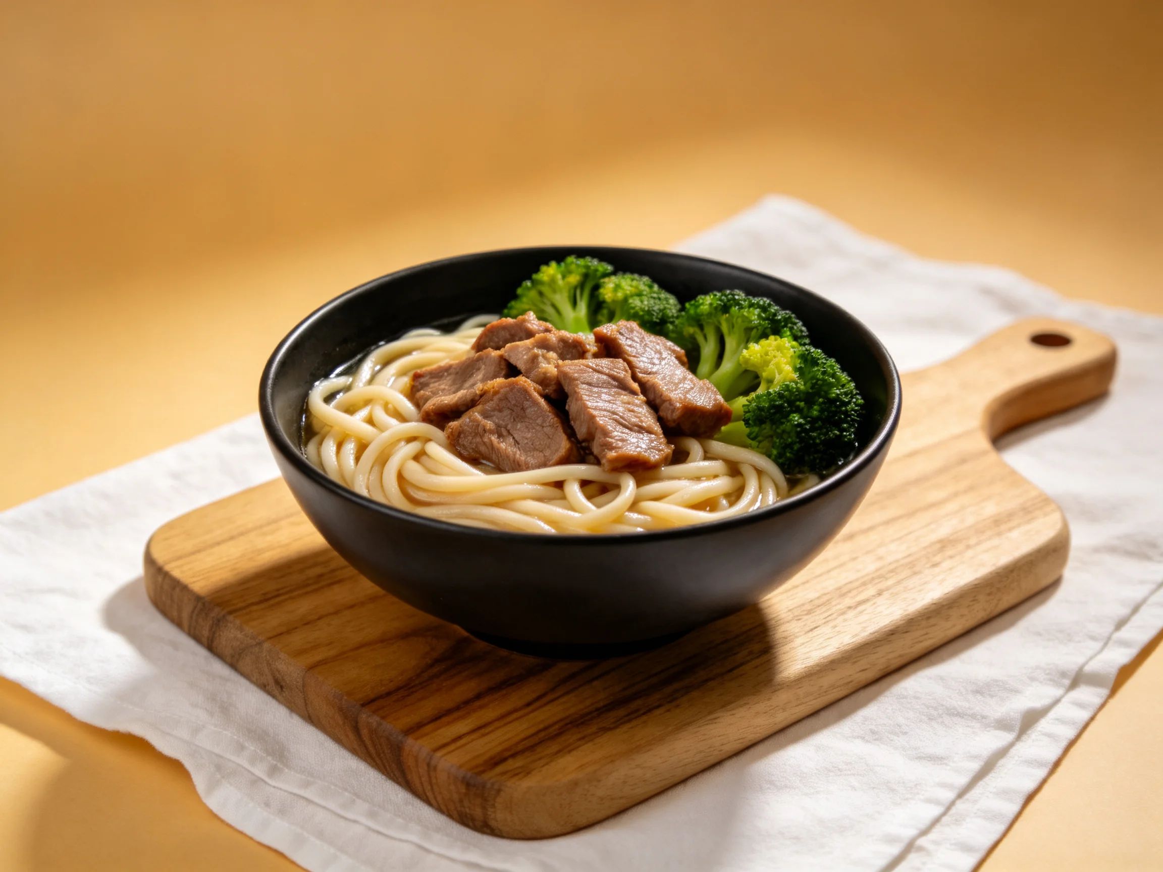 A bowl of noodles with beef and broccoli on a wooden serving board