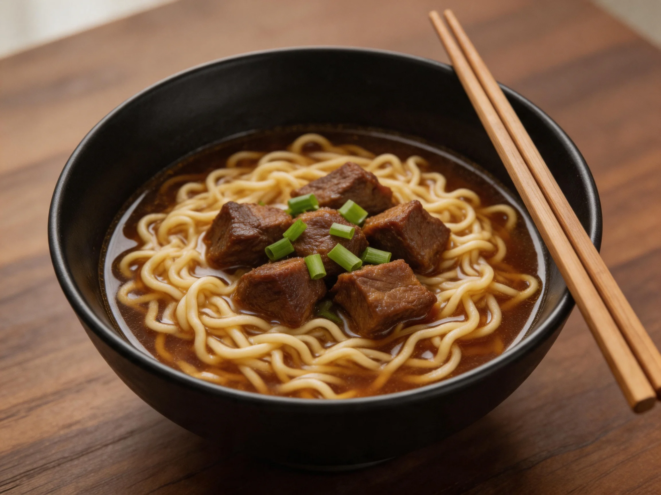 A bowl of noodles with beef cubes and green onions in dark broth