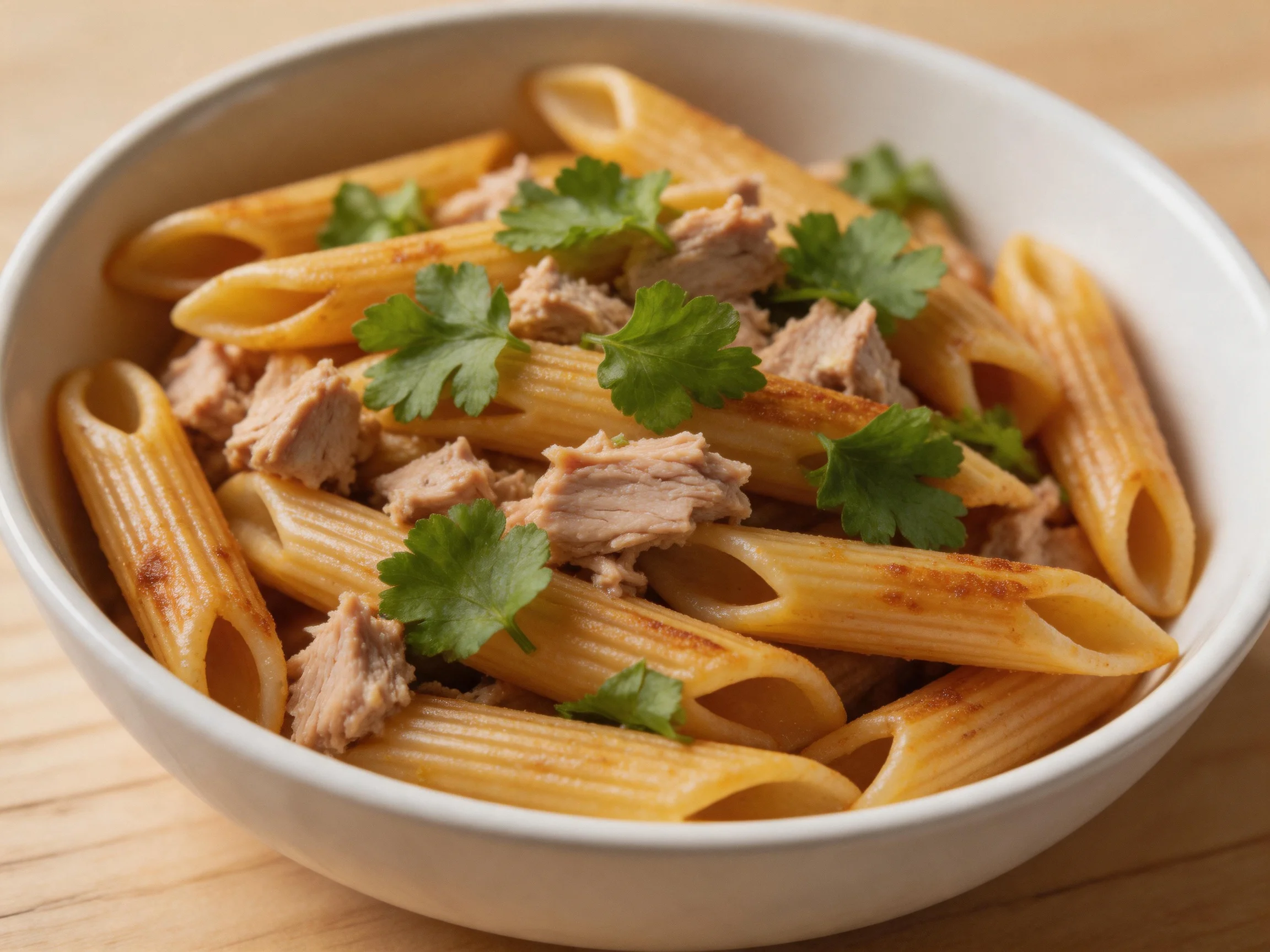 A bowl of penne pasta topped with tuna chunks and fresh cilantro