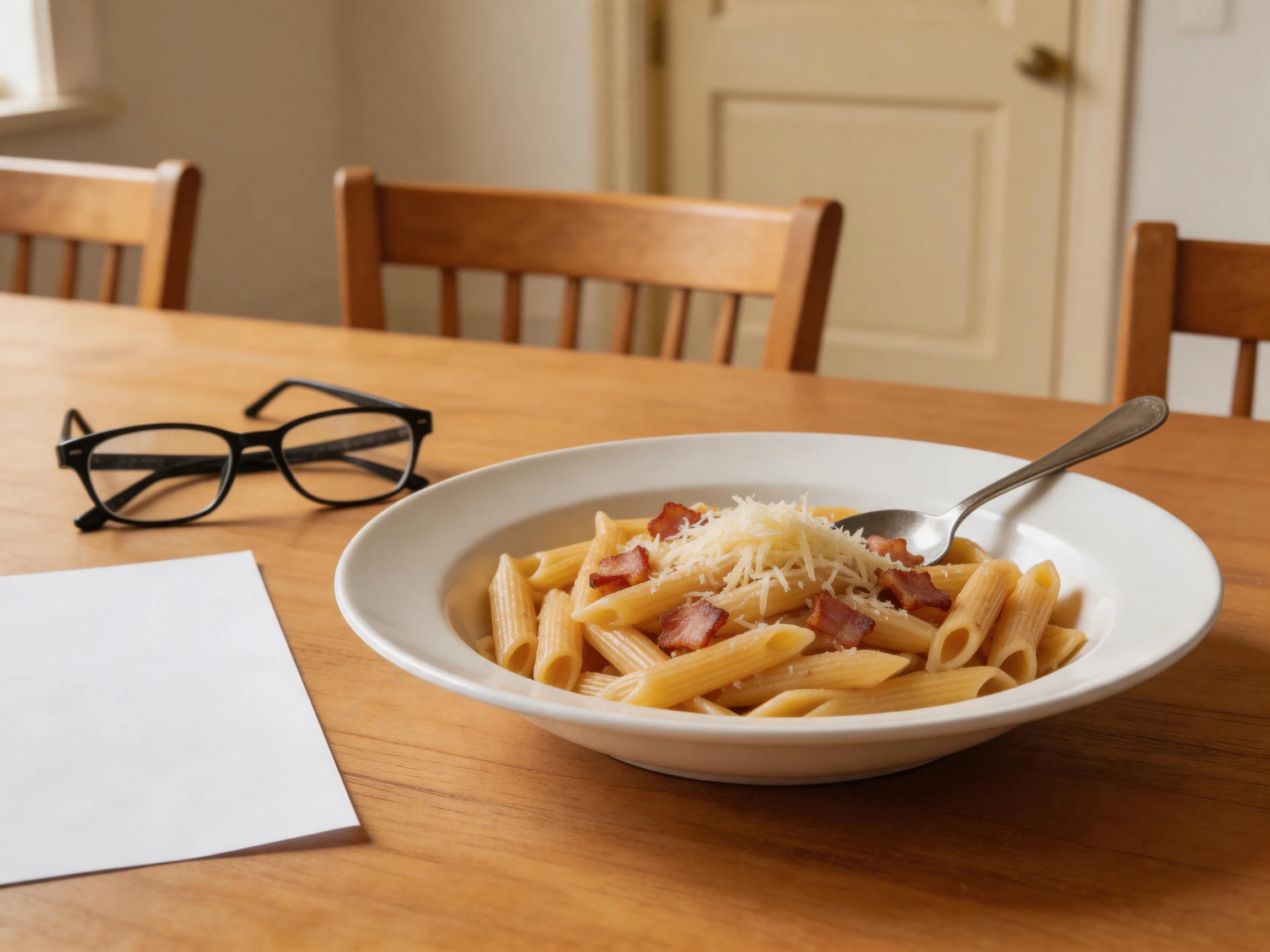 A bowl of penne pasta with bacon and cheese on a wooden table