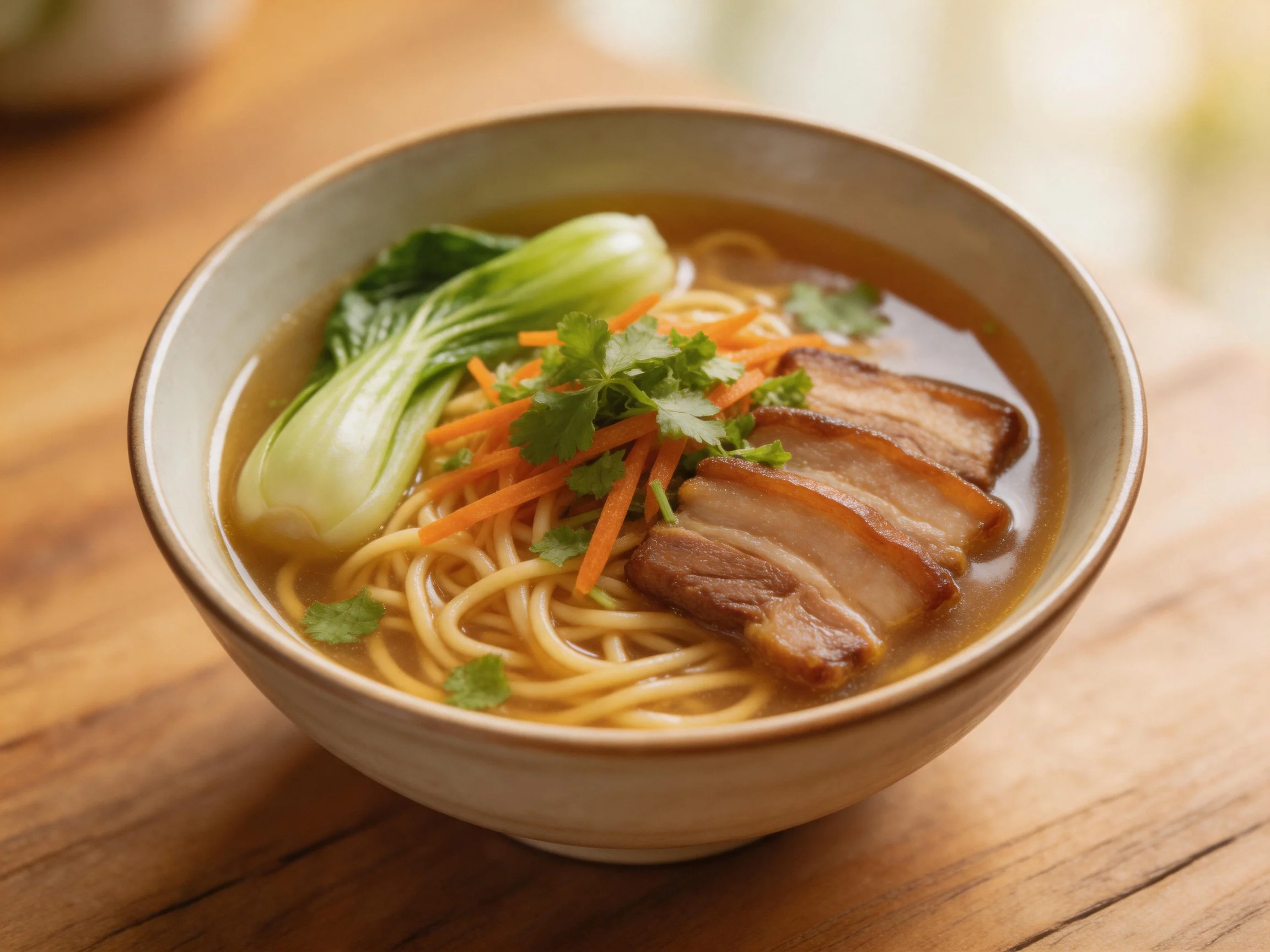 A bowl of pork noodle soup with bok choy and cilantro