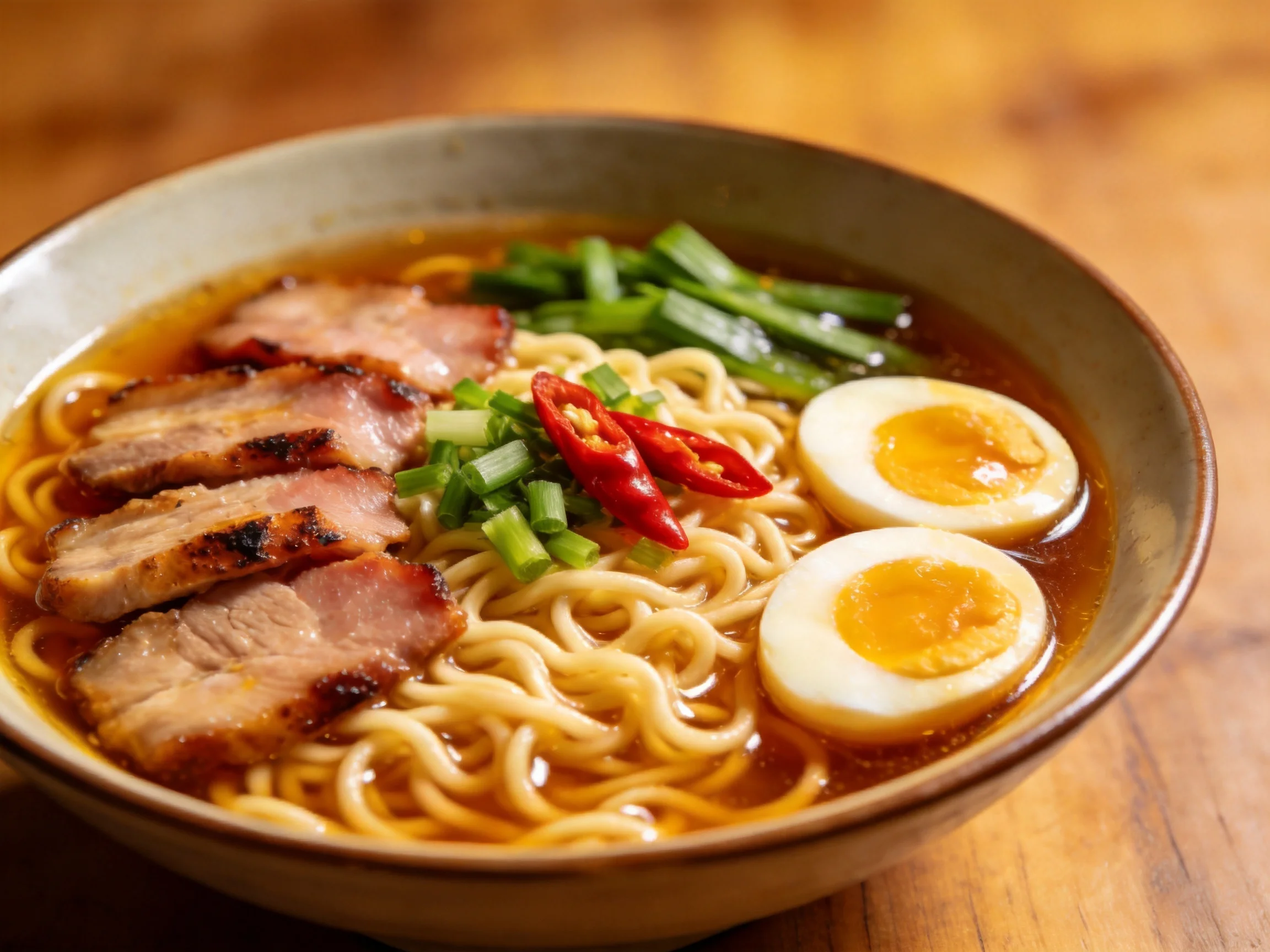 A bowl of ramen with grilled pork, soft - boiled eggs, and green onions