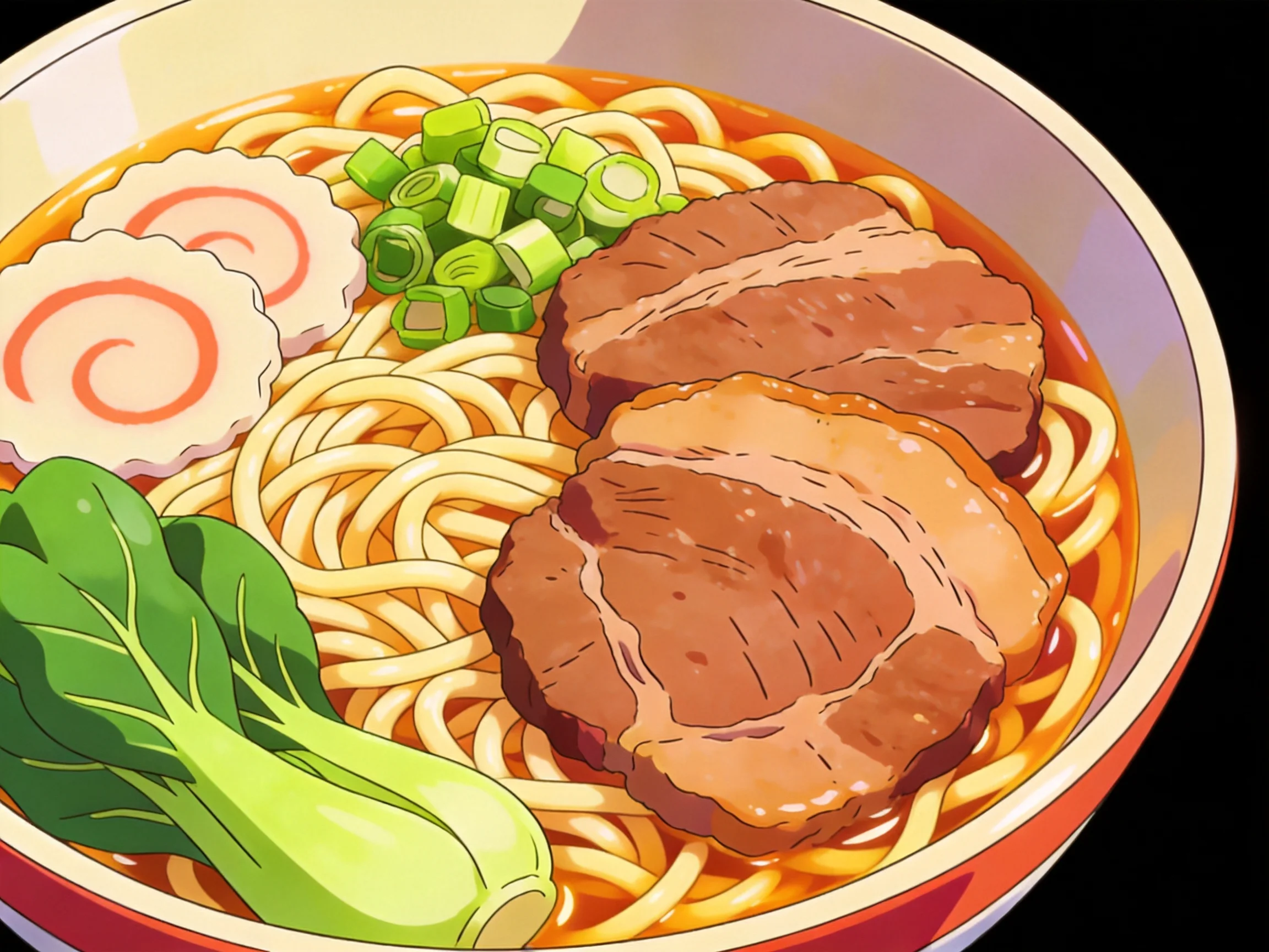 A bowl of ramen with thick noodles, pork, and green onions
