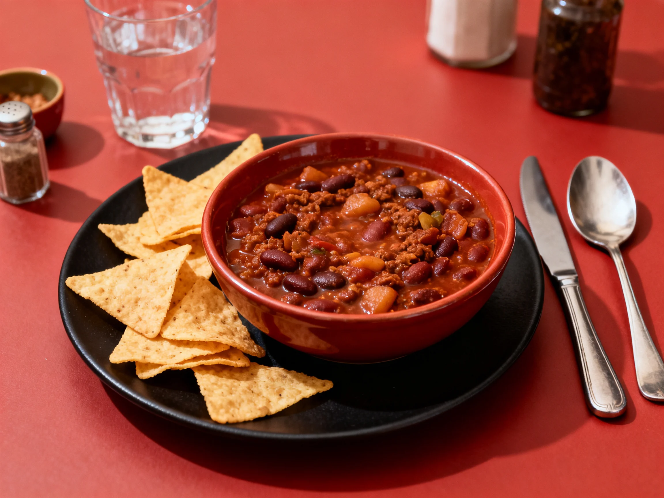 A bowl of rich chili and tortilla chips on a red table