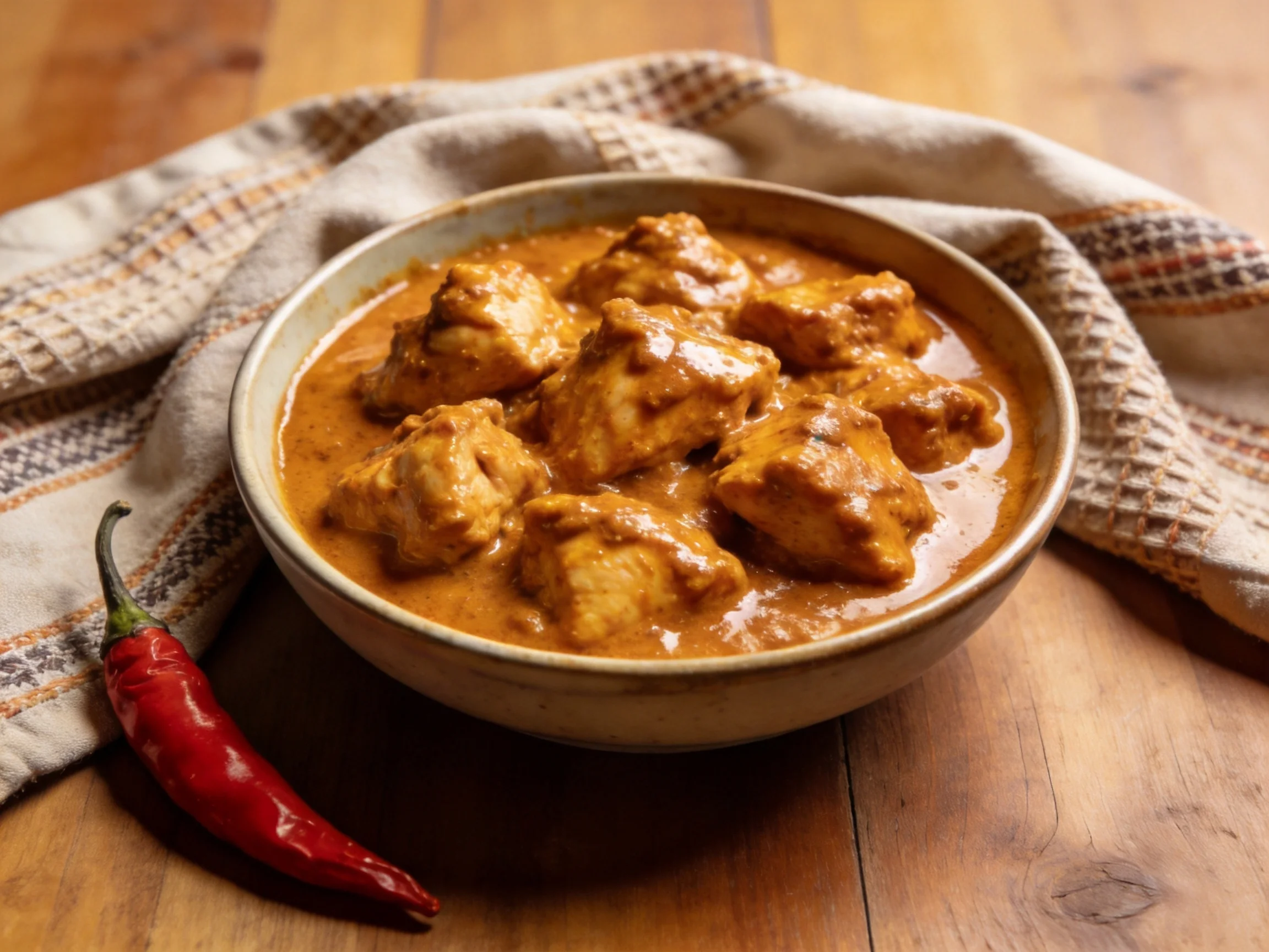 A bowl of rich, creamy chicken curry beside a red chili pepper