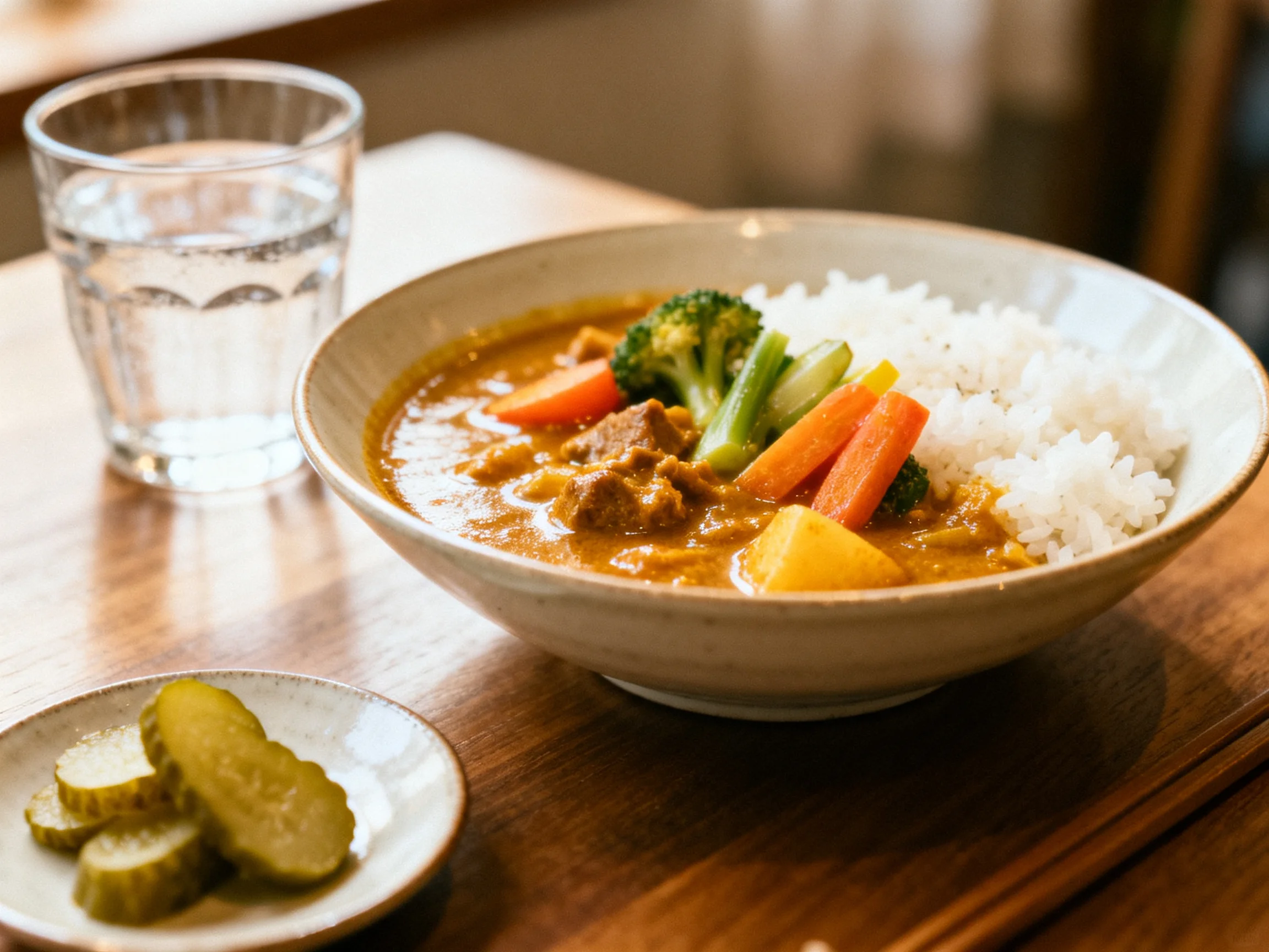 A bowl of rich curry with rice, vegetables, and pickles near water