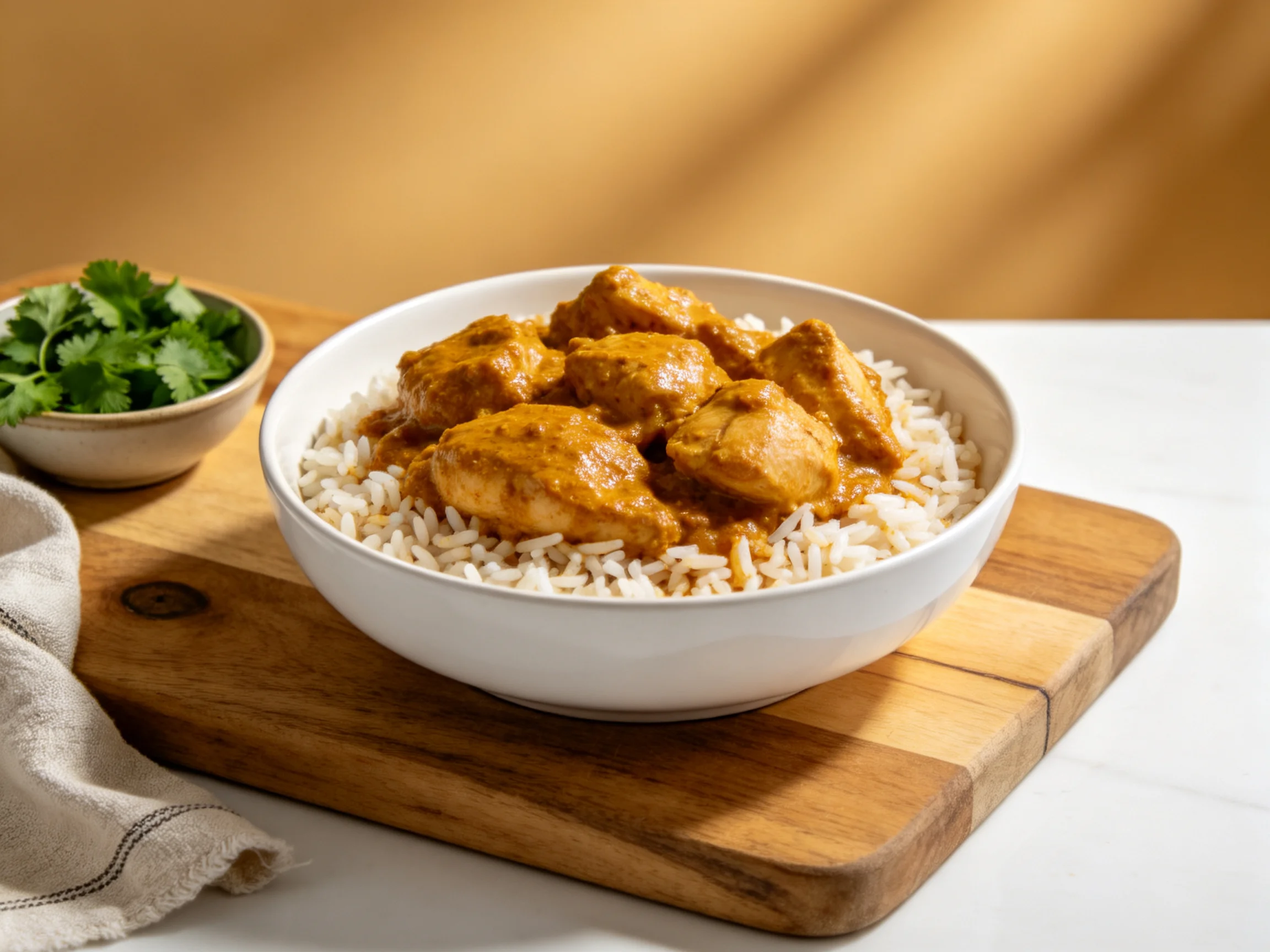 A bowl of rich orange chicken curry over white rice