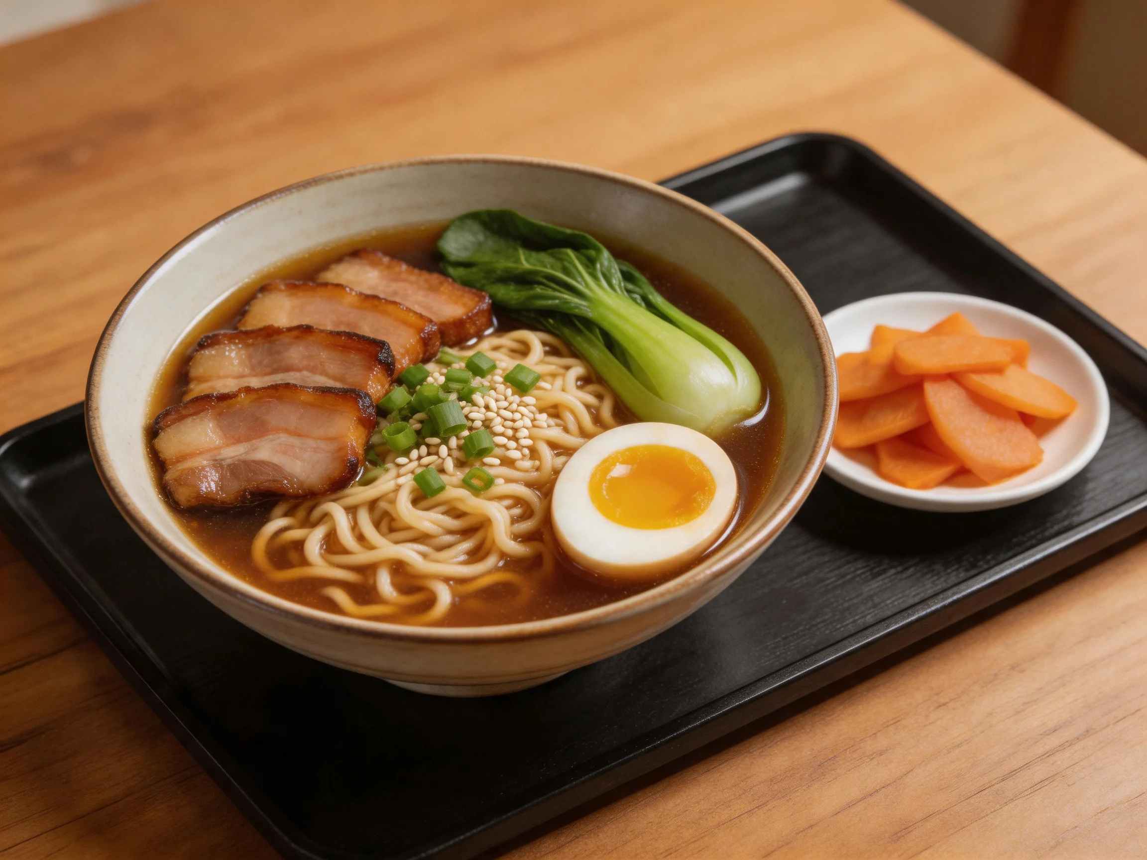 A bowl of rich tonkotsu ramen with pork, egg, and greens