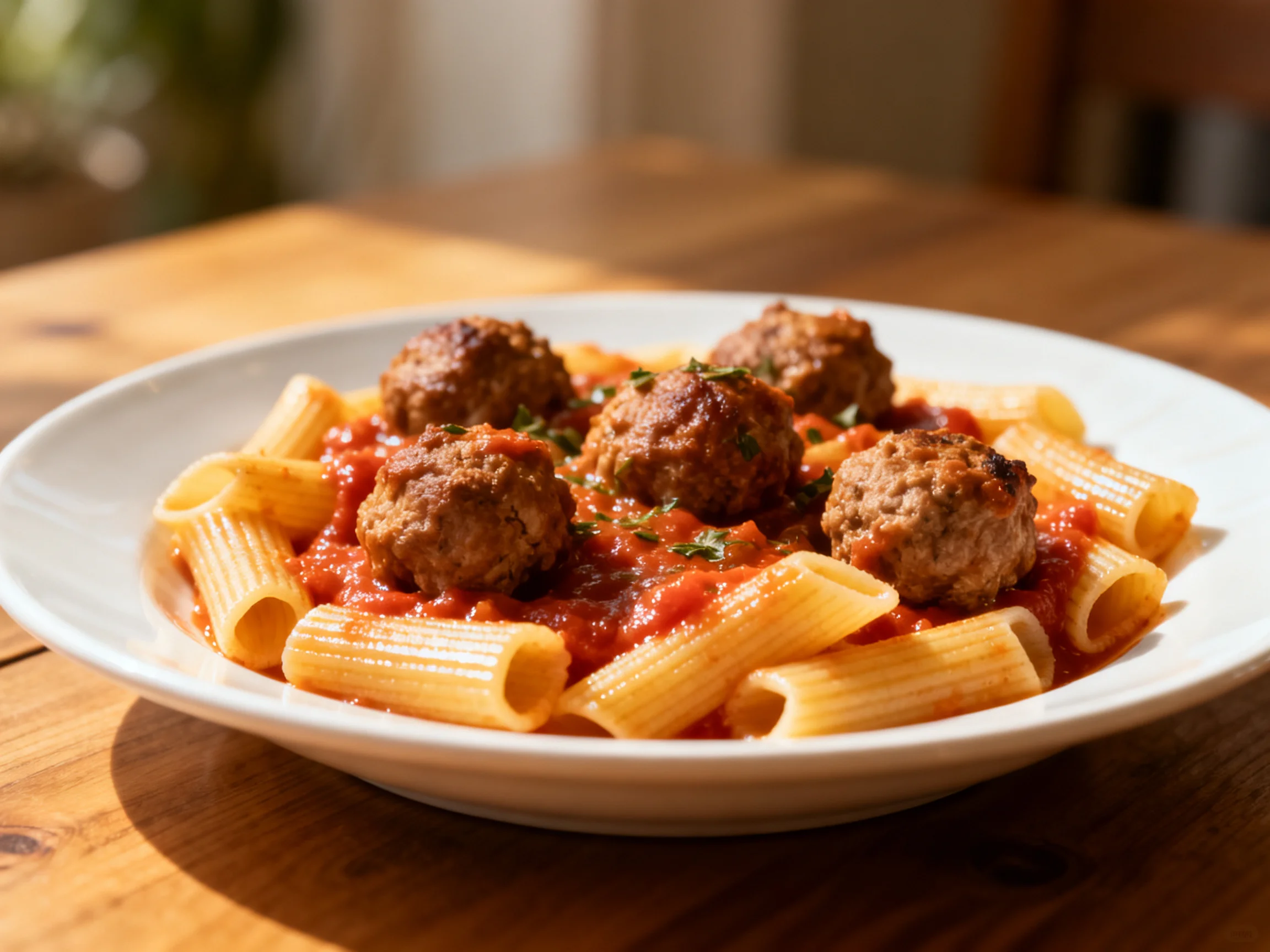 A bowl of rigatoni pasta with meatballs in tomato sauce
