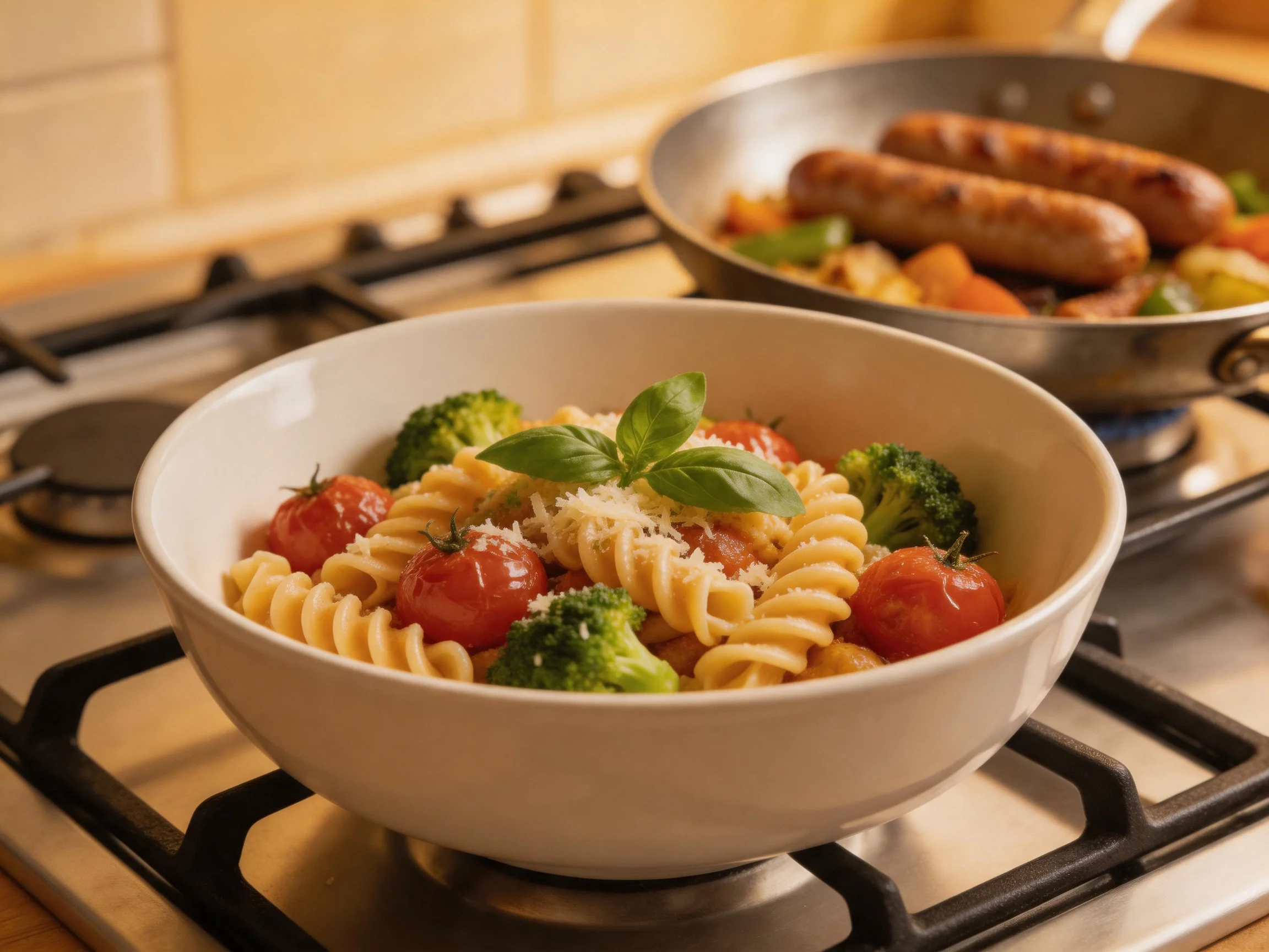 A bowl of rotini pasta with broccoli, cherry tomatoes, and basil on a stove near a sausage pan