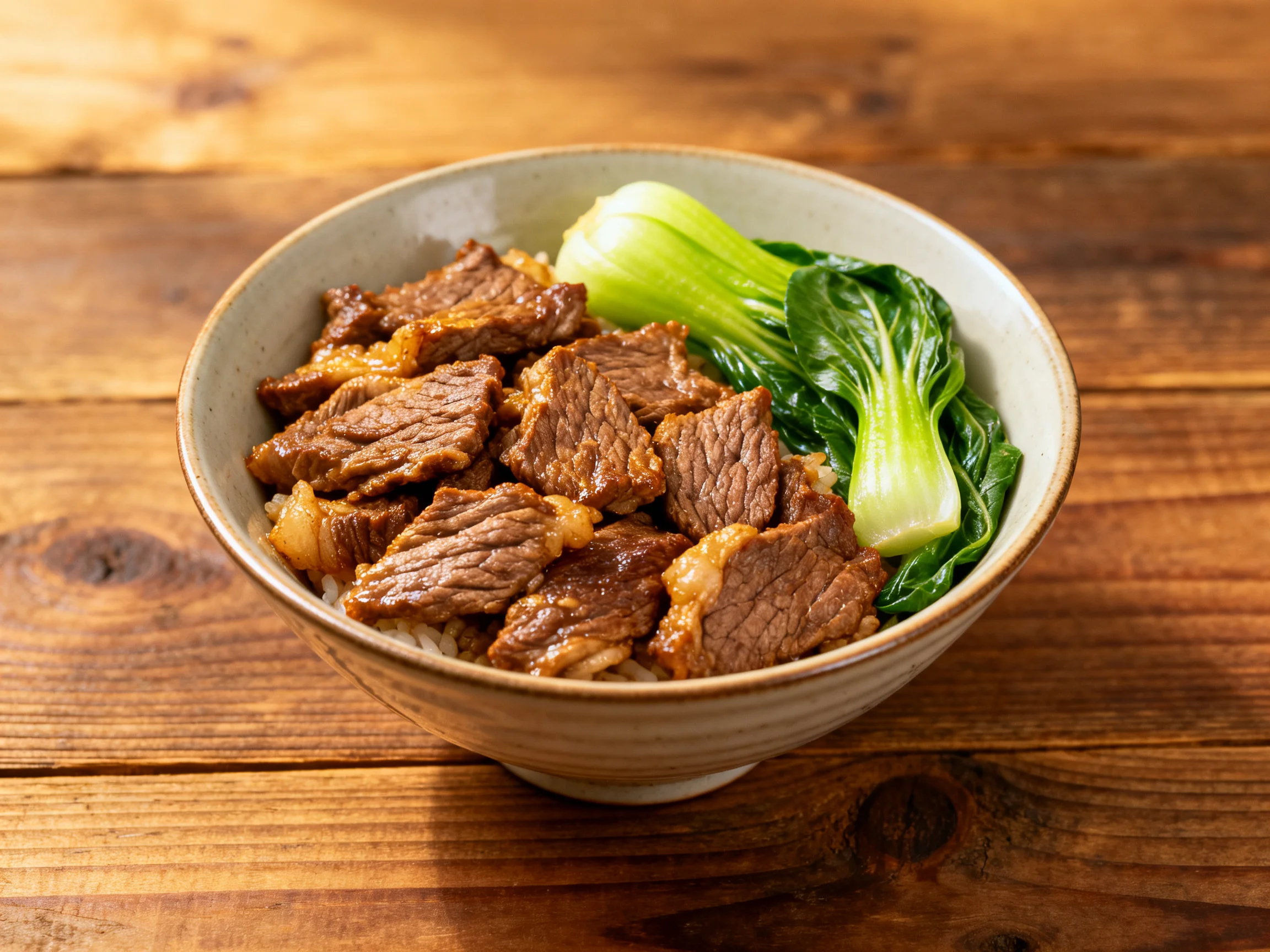 A bowl of savory braised beef over rice with bok choy