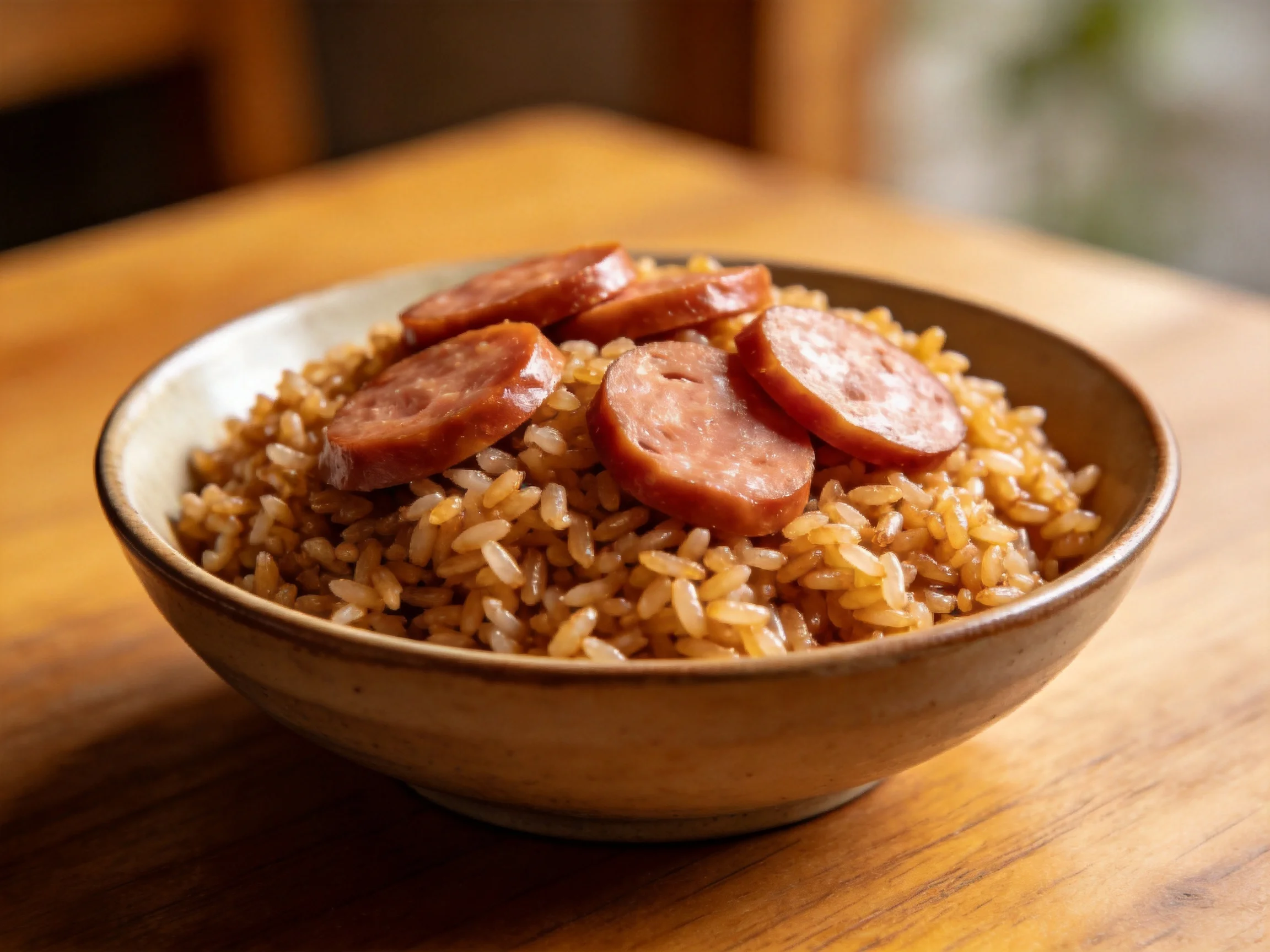 A bowl of savory brown rice topped with sliced sausages
