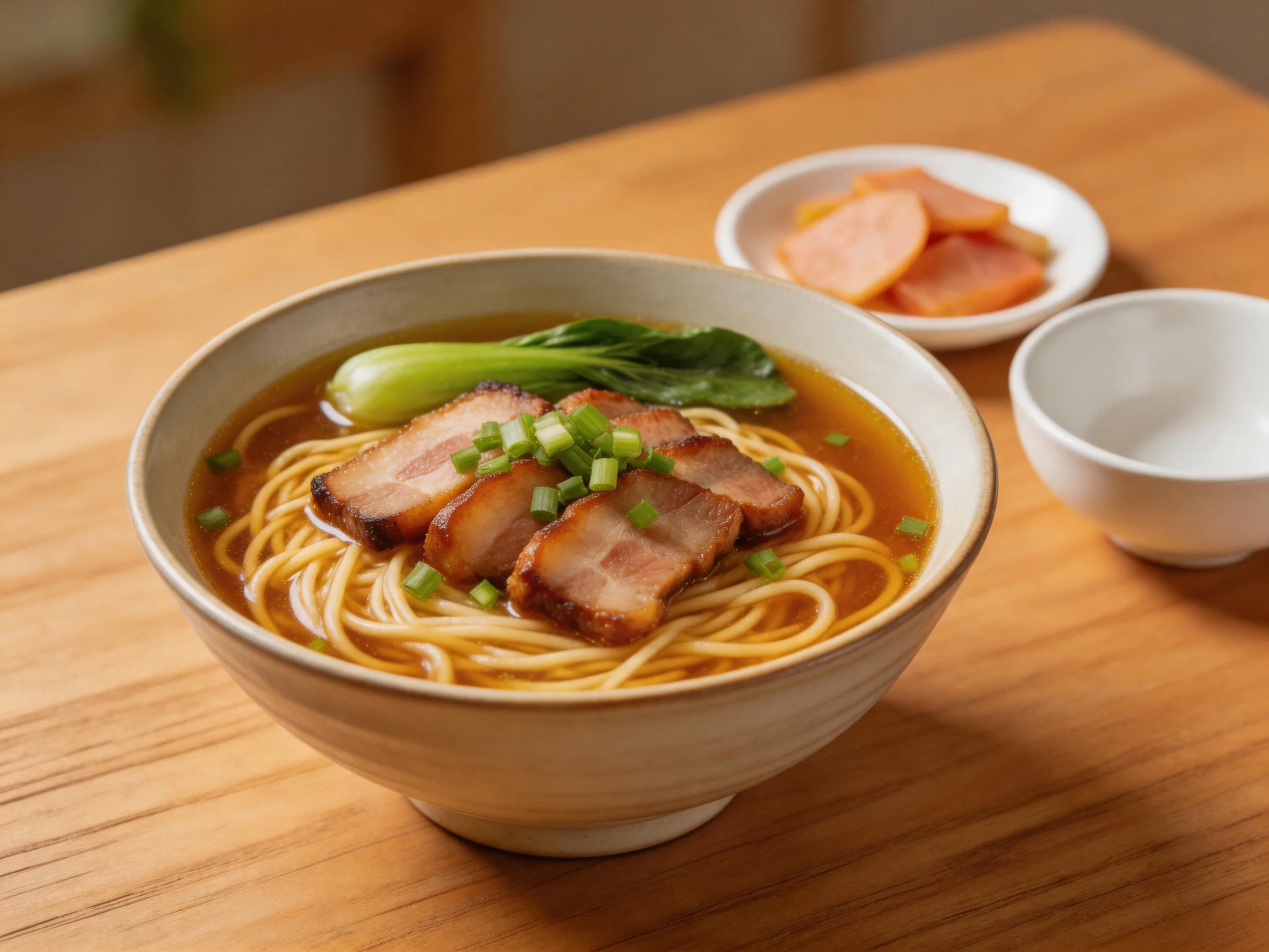 A bowl of savory noodle soup with roasted pork and greens