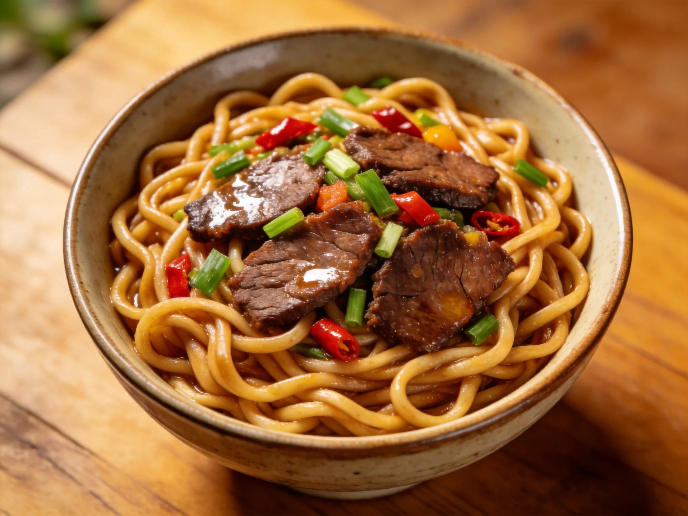 A bowl of savory noodles topped with beef, scallions, and red chili