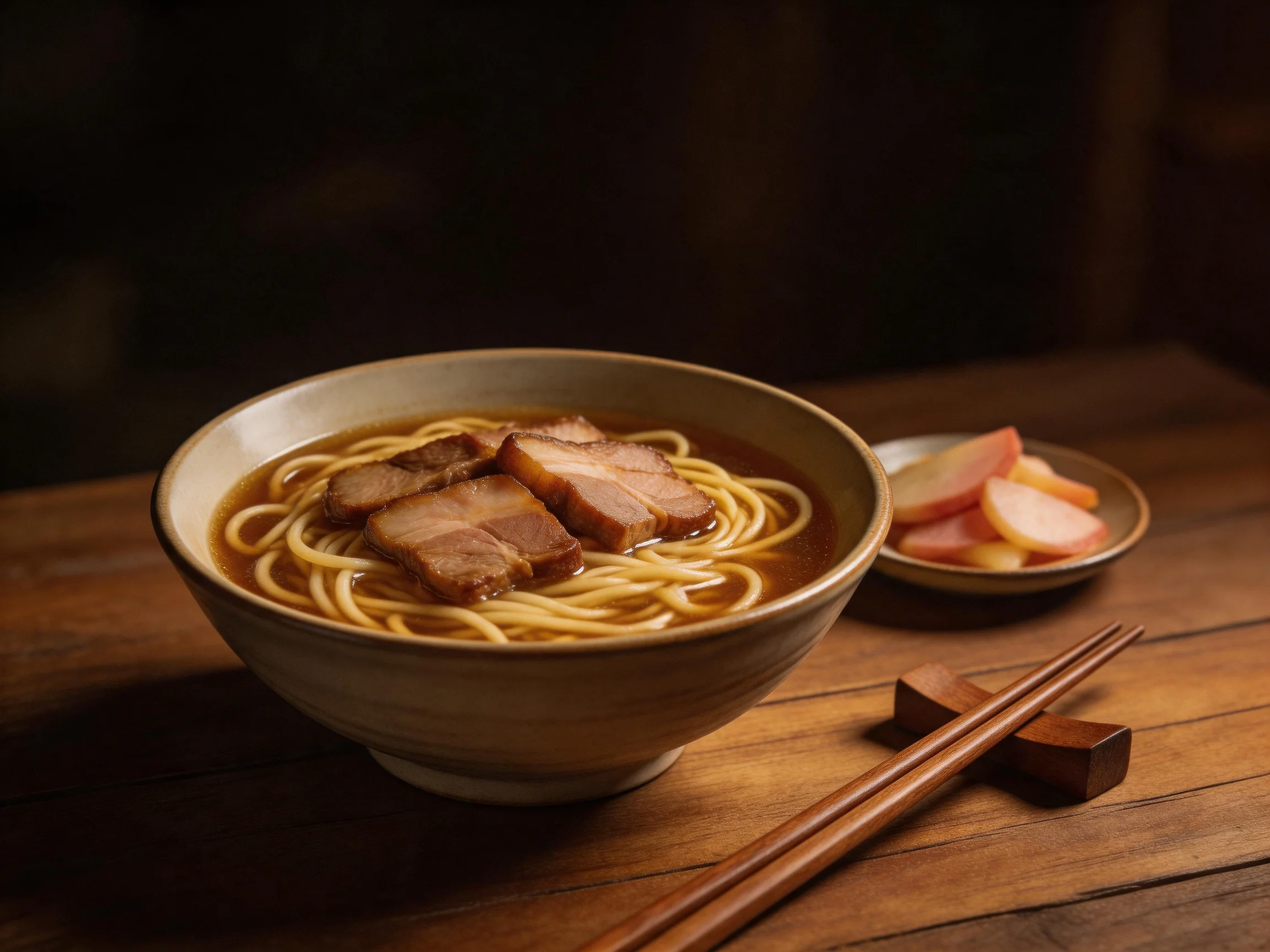 A bowl of savory noodles topped with roasted pork, pickles, and chopsticks on a wooden table