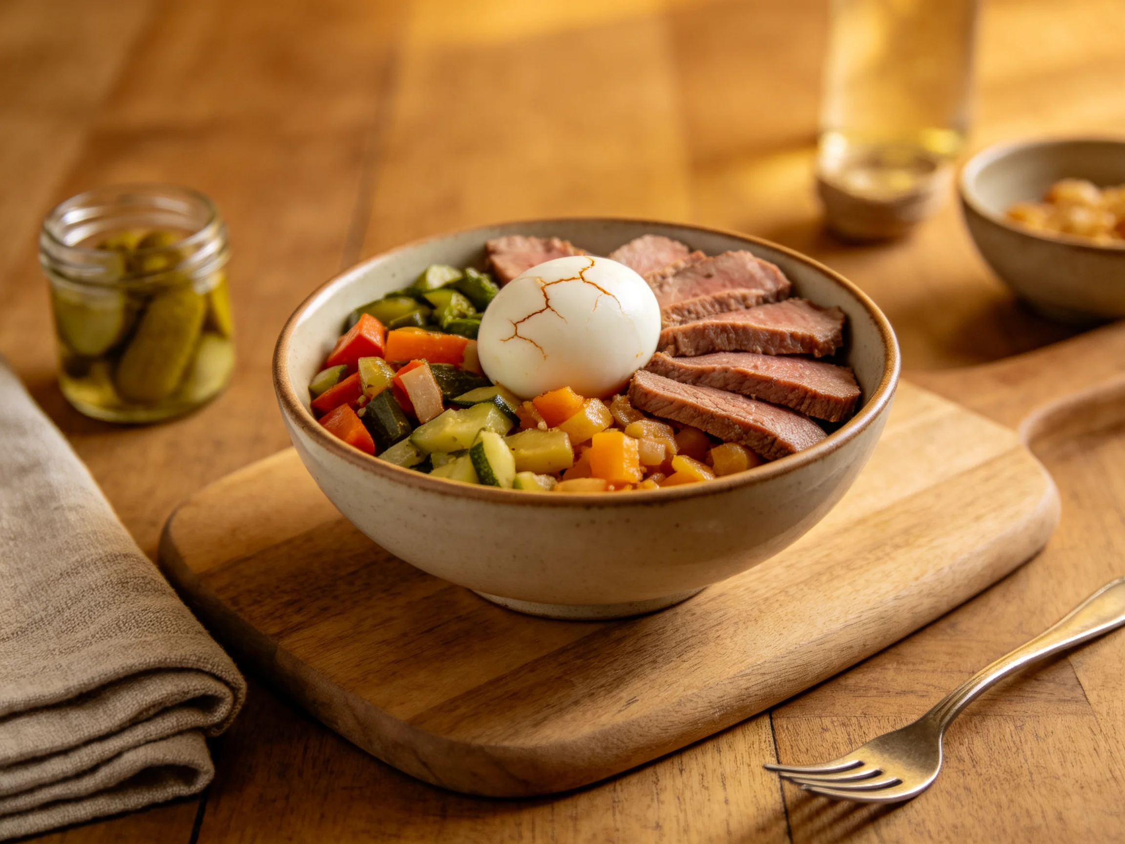 A bowl of sliced beef, boiled egg, and mixed vegetables on a wooden board