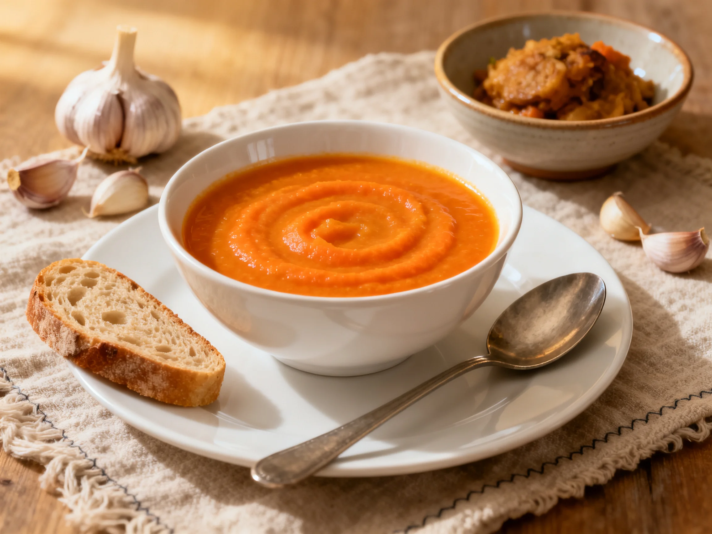 A bowl of smooth orange soup with garlic and bread nearby