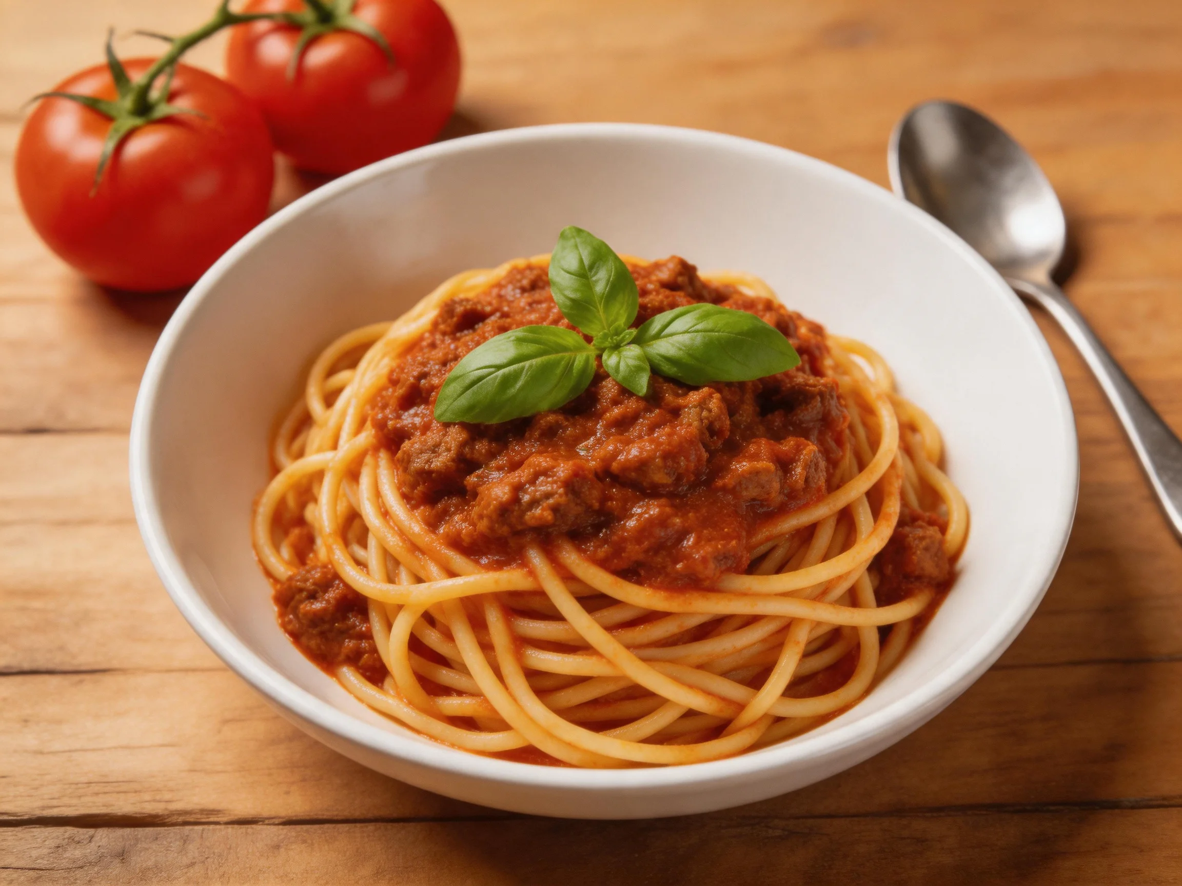 A bowl of spaghetti Bolognese with fresh tomatoes nearby