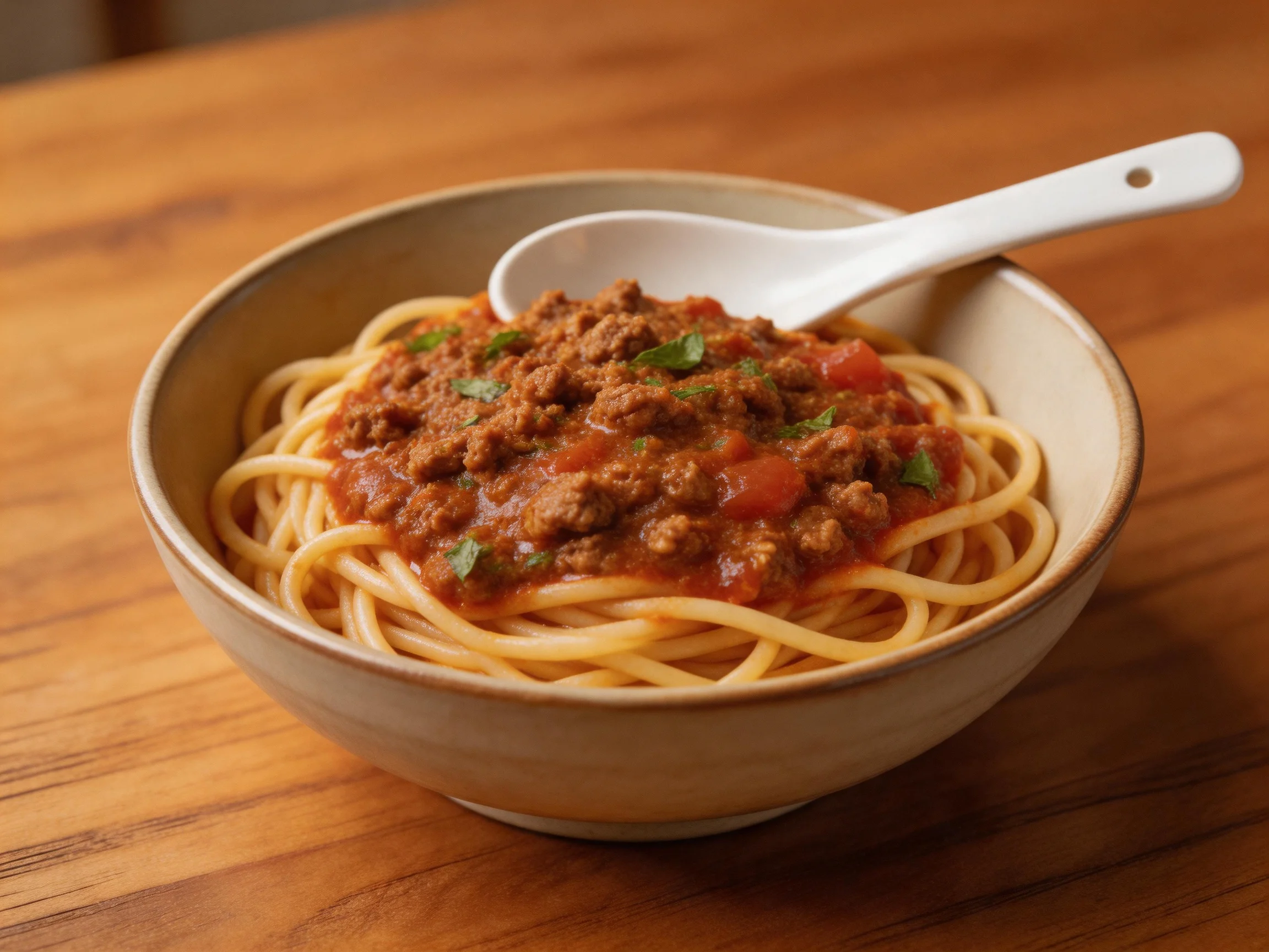 A bowl of spaghetti with hearty meat sauce