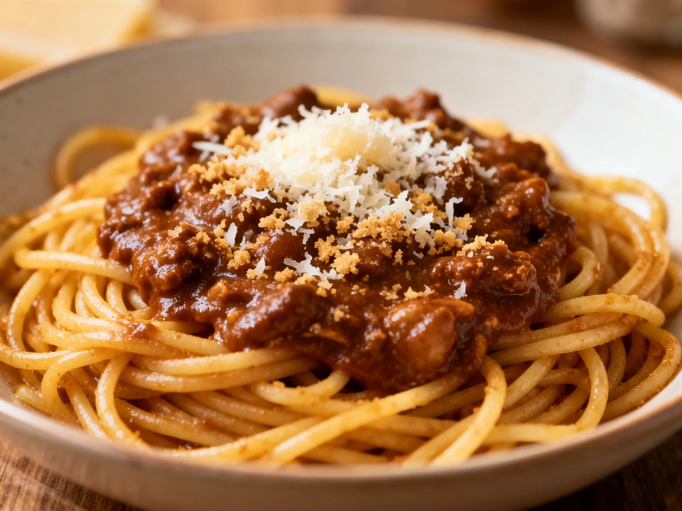 A bowl of spaghetti with rich brown meat sauce, grated cheese, and crumbs