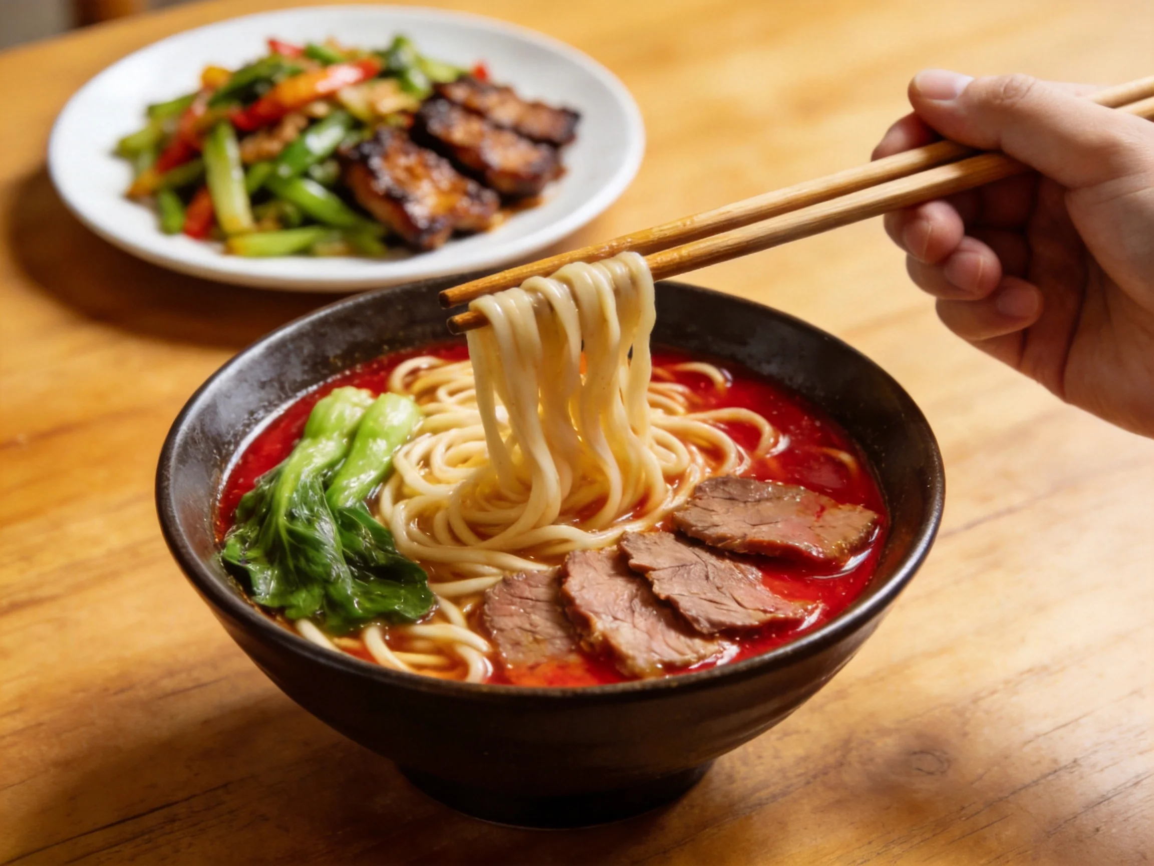A bowl of spicy noodle soup with sliced beef and greens beside a vegetable stir - fry